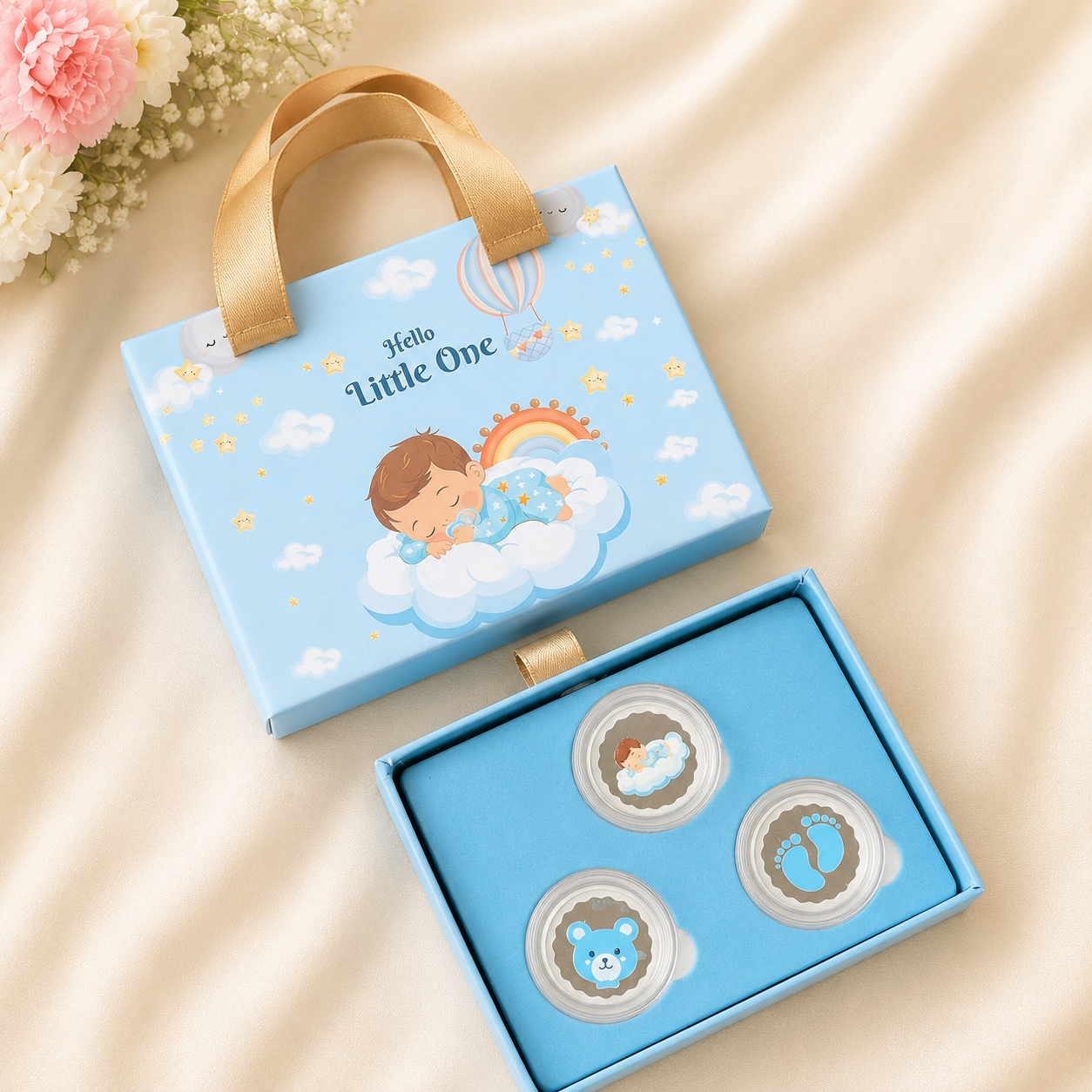 999 Pure Silver Baby Boy Premium Gift Box – Set of 3 Coins (2.5 g x 3= 7.5 grams)