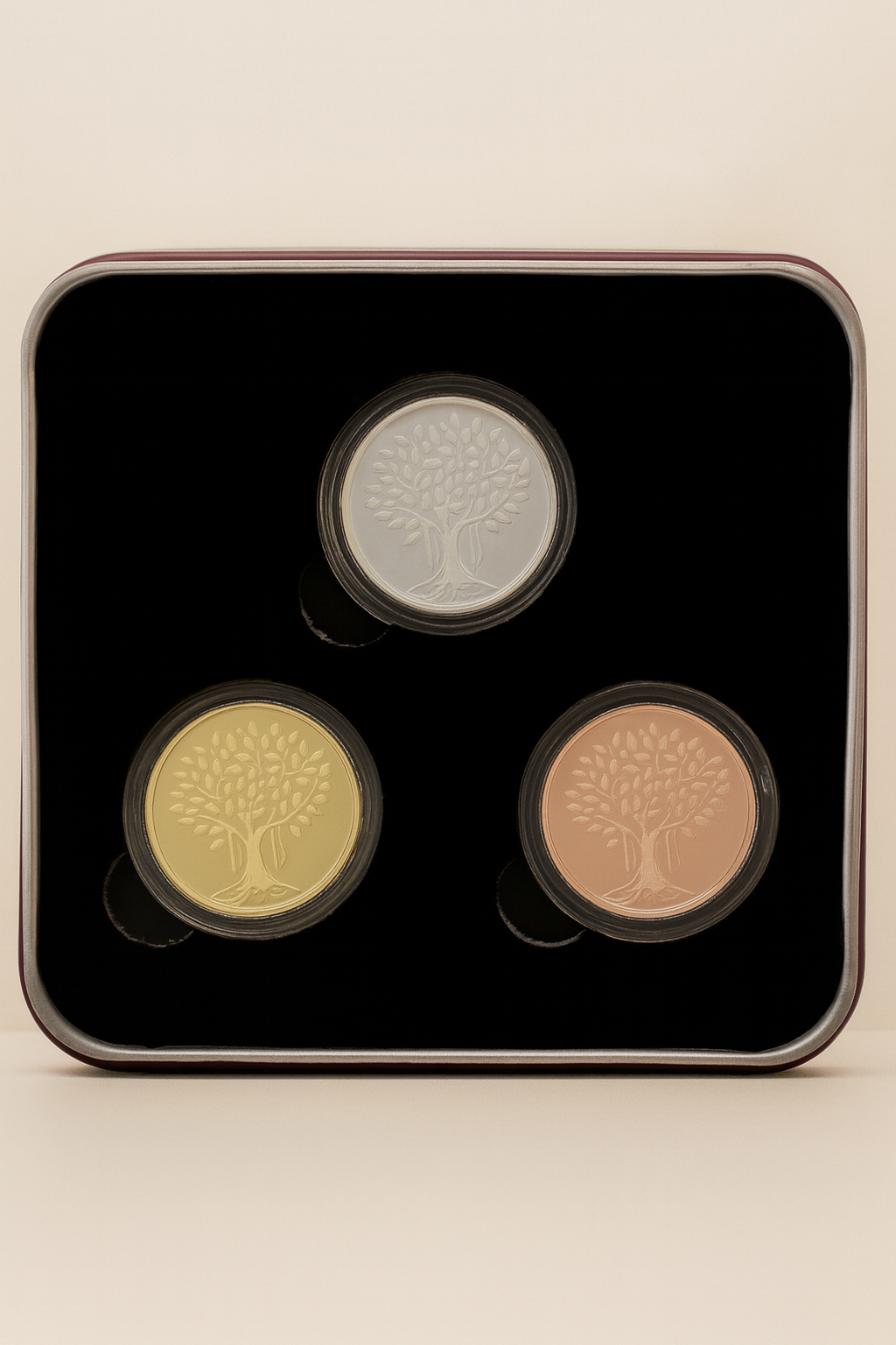 999 PURE SILVER BANYAN TREE TRI-COLOR COIN SET 7.5 GRAMS – 3X2.5 GRAMS(ROUND) | FESTIVE COIN GIFTING