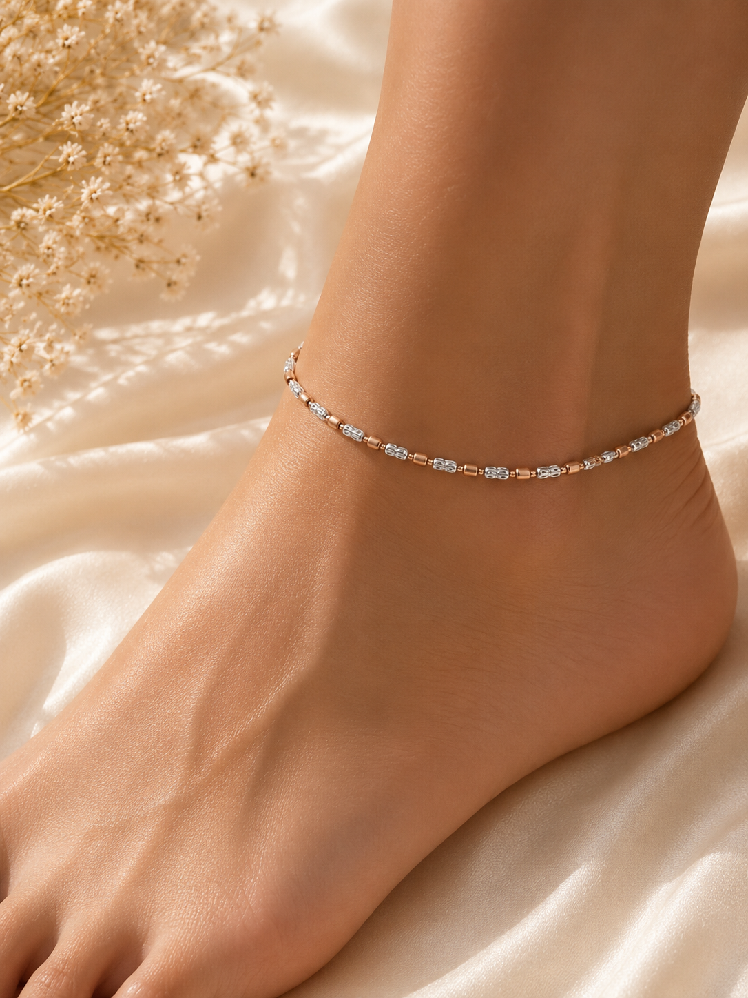 925 Sterling Silver Rose Silver Beaded Anklets | Pair