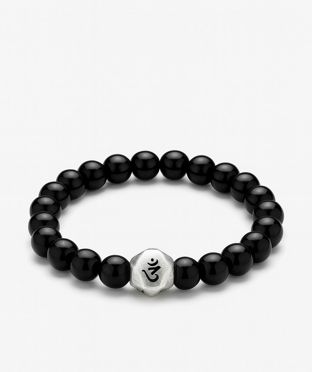 Black Beads Om Men’s Bracelet – Stretchable in 925 Sterling Silver