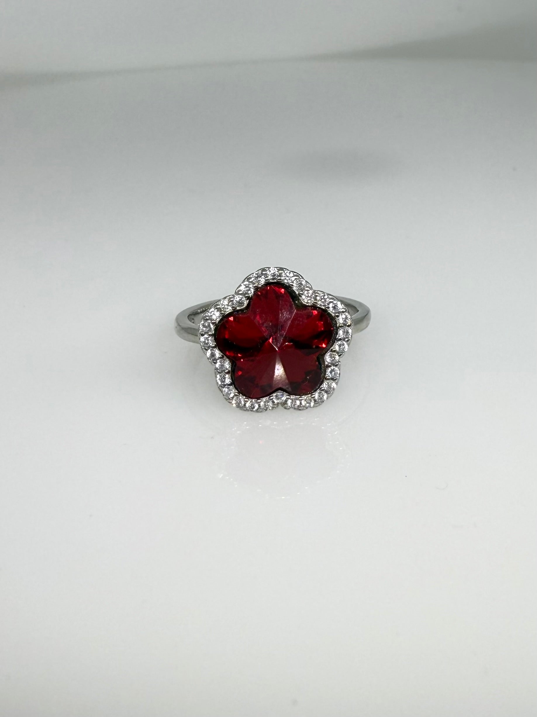 925 Sterling Silver Ruby Flower Women Ring