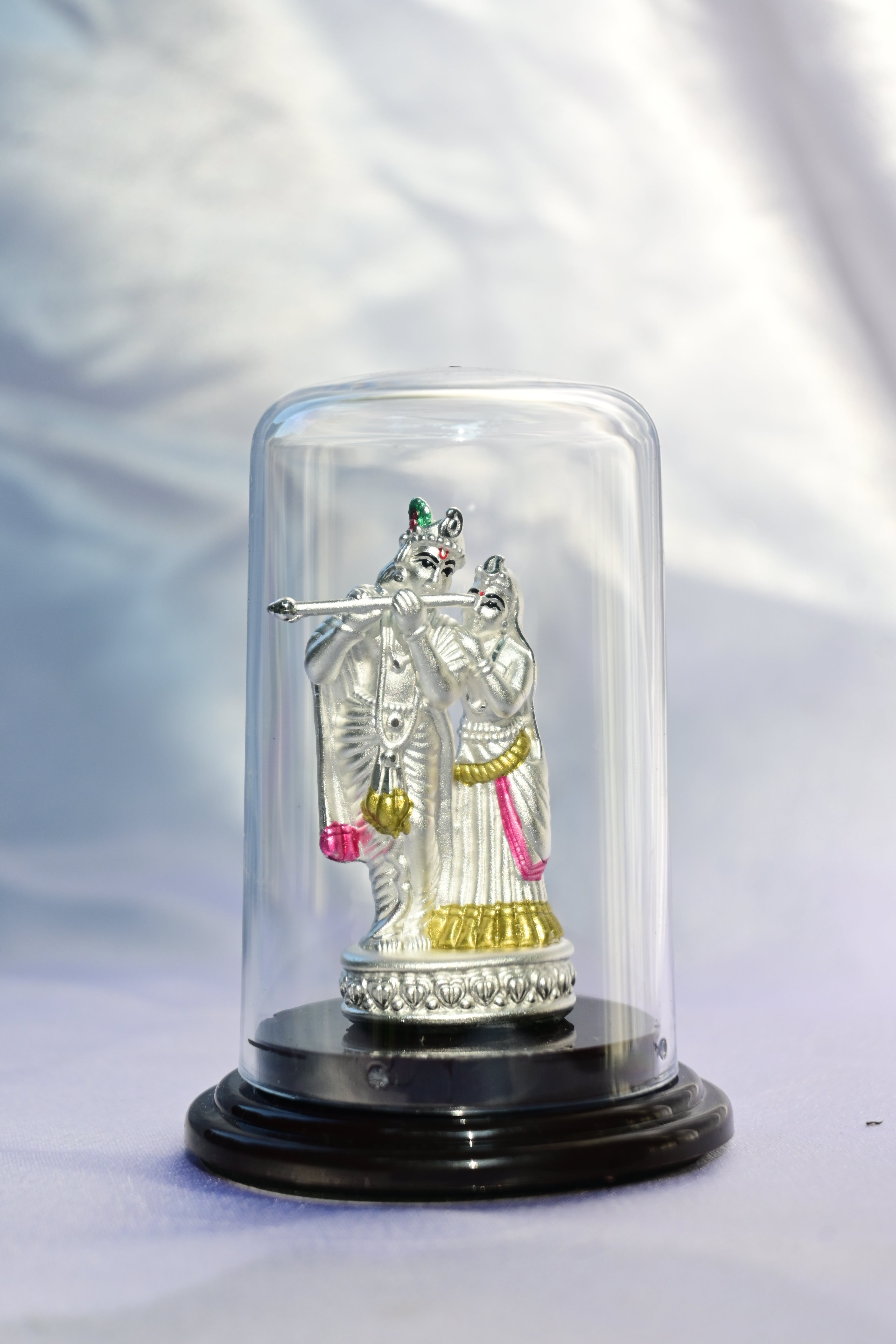 Emerald Pure 999 Silver Radha Krishna Idol with Acrylic Base For Pooja/ Gift