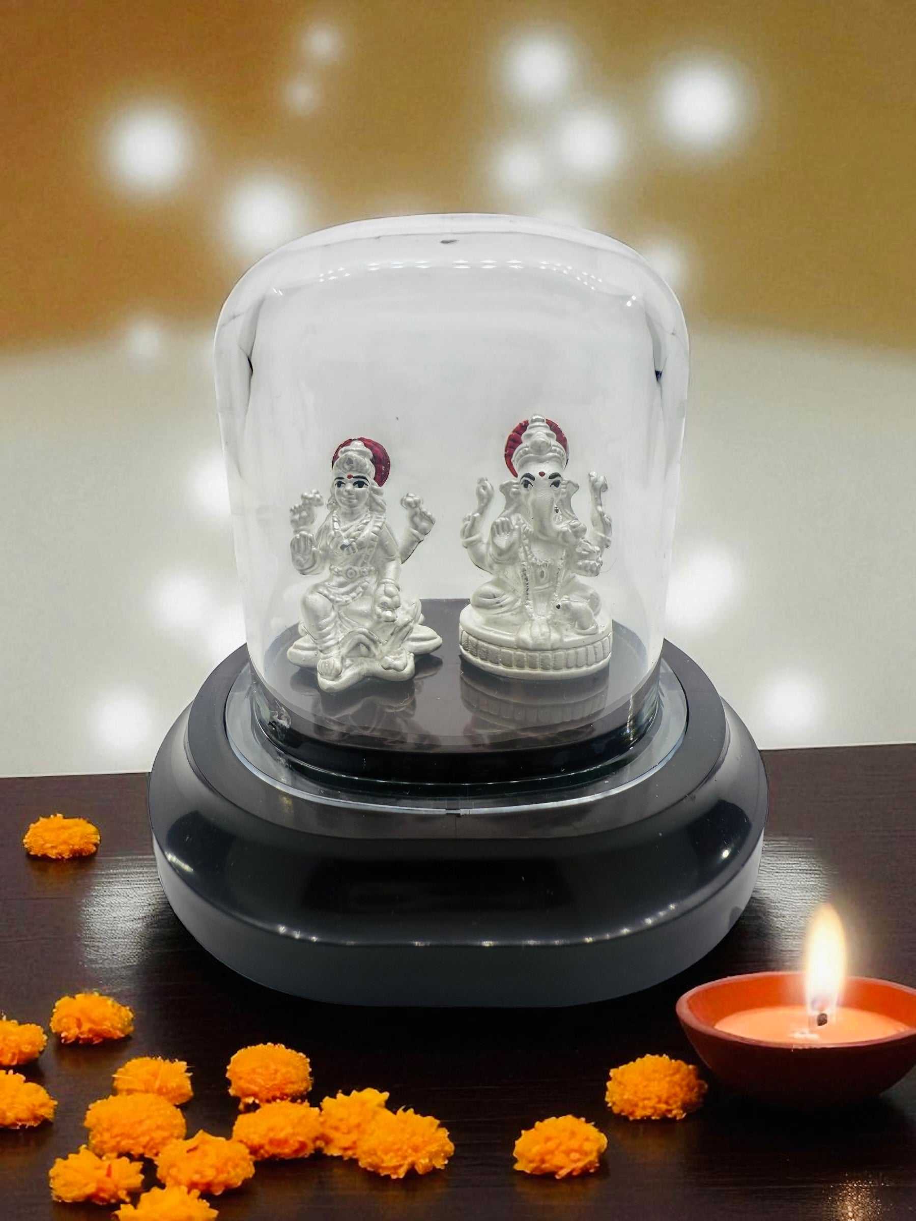 Emerald Pure 999 Silver Lakshmi Ganesh Pair Idols with Acrylic Base for Pooja/Gift