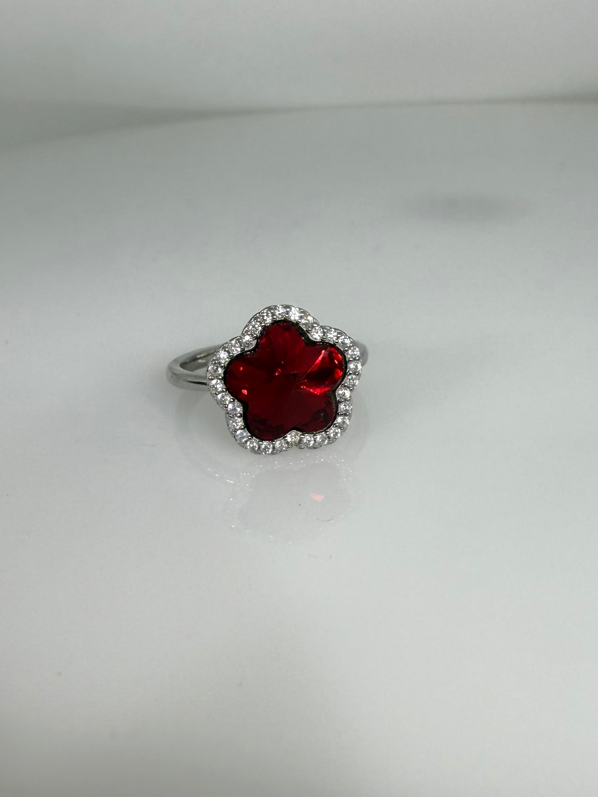 925 Sterling Silver Ruby Flower Women Ring