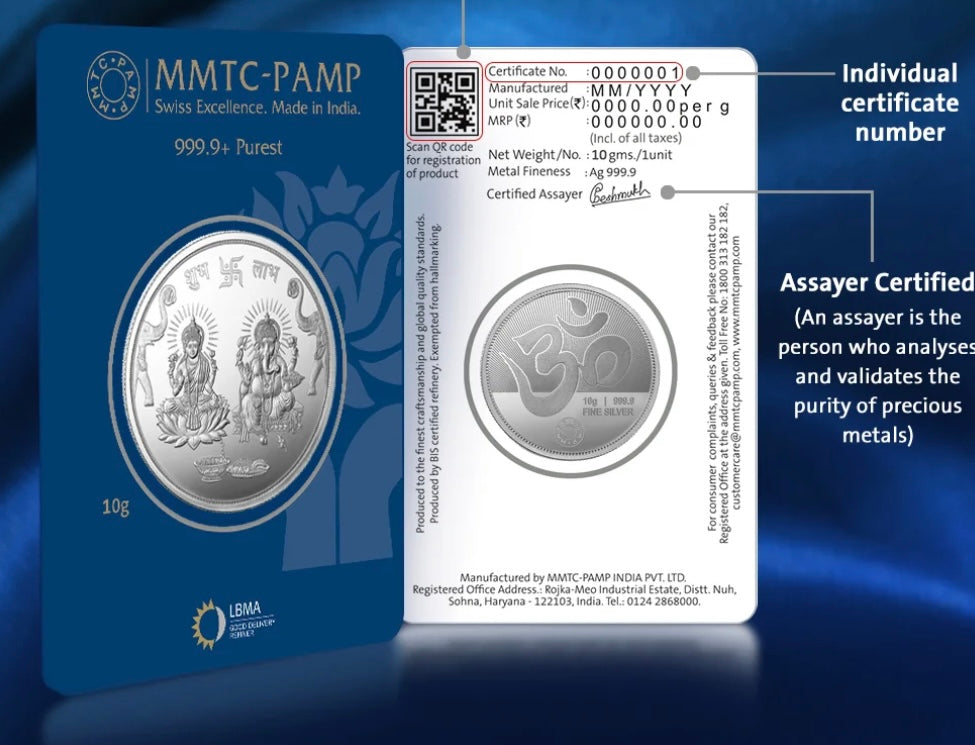 MMTC PAMP 10 GMS LAKSHMI GANESH 999.9 SILVER COIN IN MINTED CARD (10.00gm) | Festive Coins & Bars