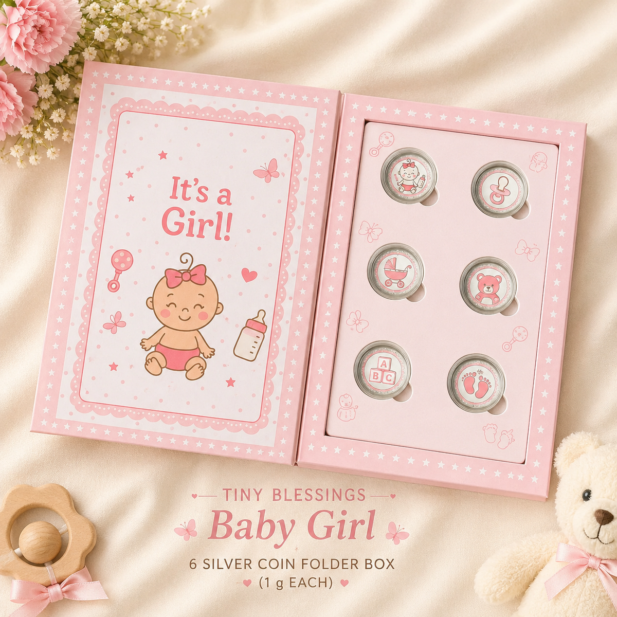 999 Pure Silver Tiny Blessings Baby Girl Coin Folder Box (6 x 1g Coins)