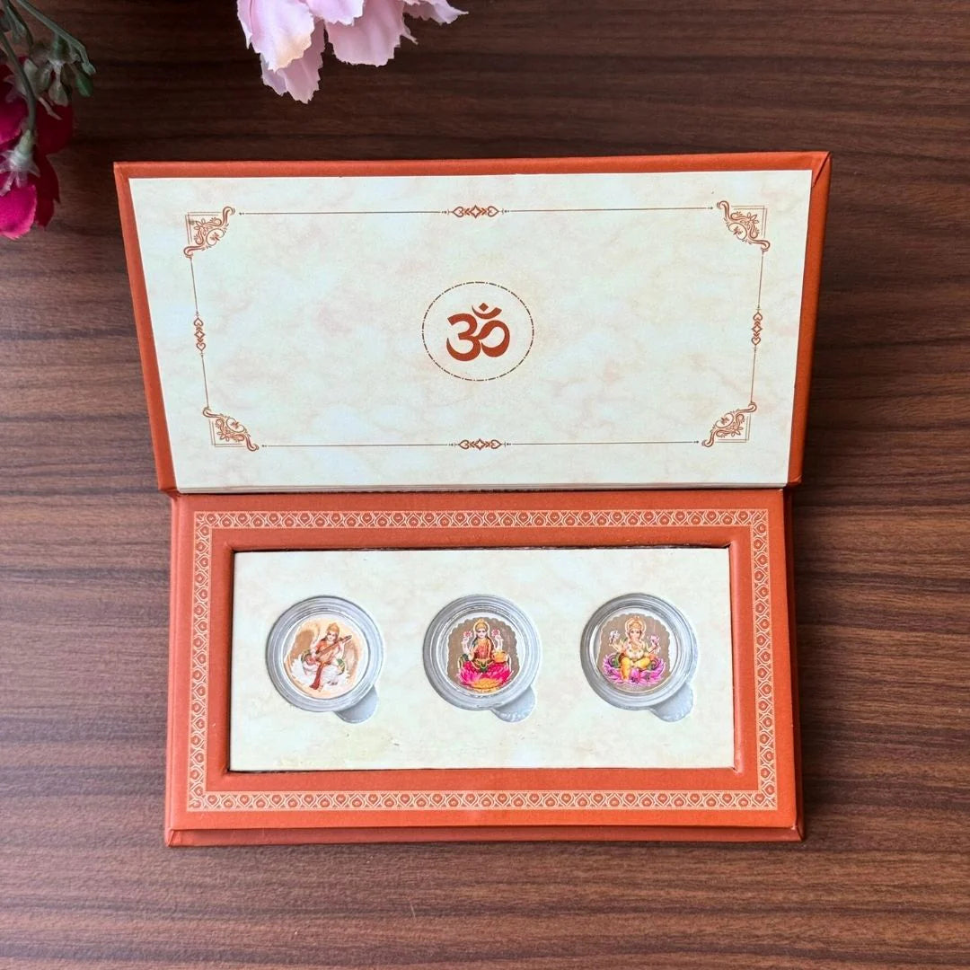 999 SILVER LAXMI GANESH SARASWATI COIN SET 3 Coins (1 GM Each ) | 999 PURITY SILVER COIN | FESTIVE COIN GIFTING