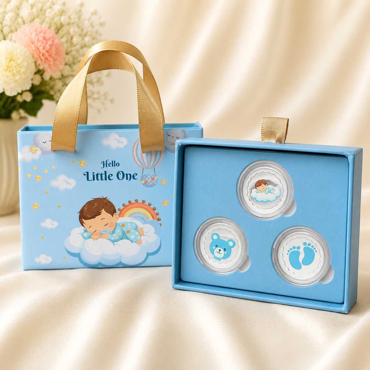 999 Pure Silver Baby Boy Premium Gift Box – Set of 3 Coins (2.5 g x 3= 7.5 grams)