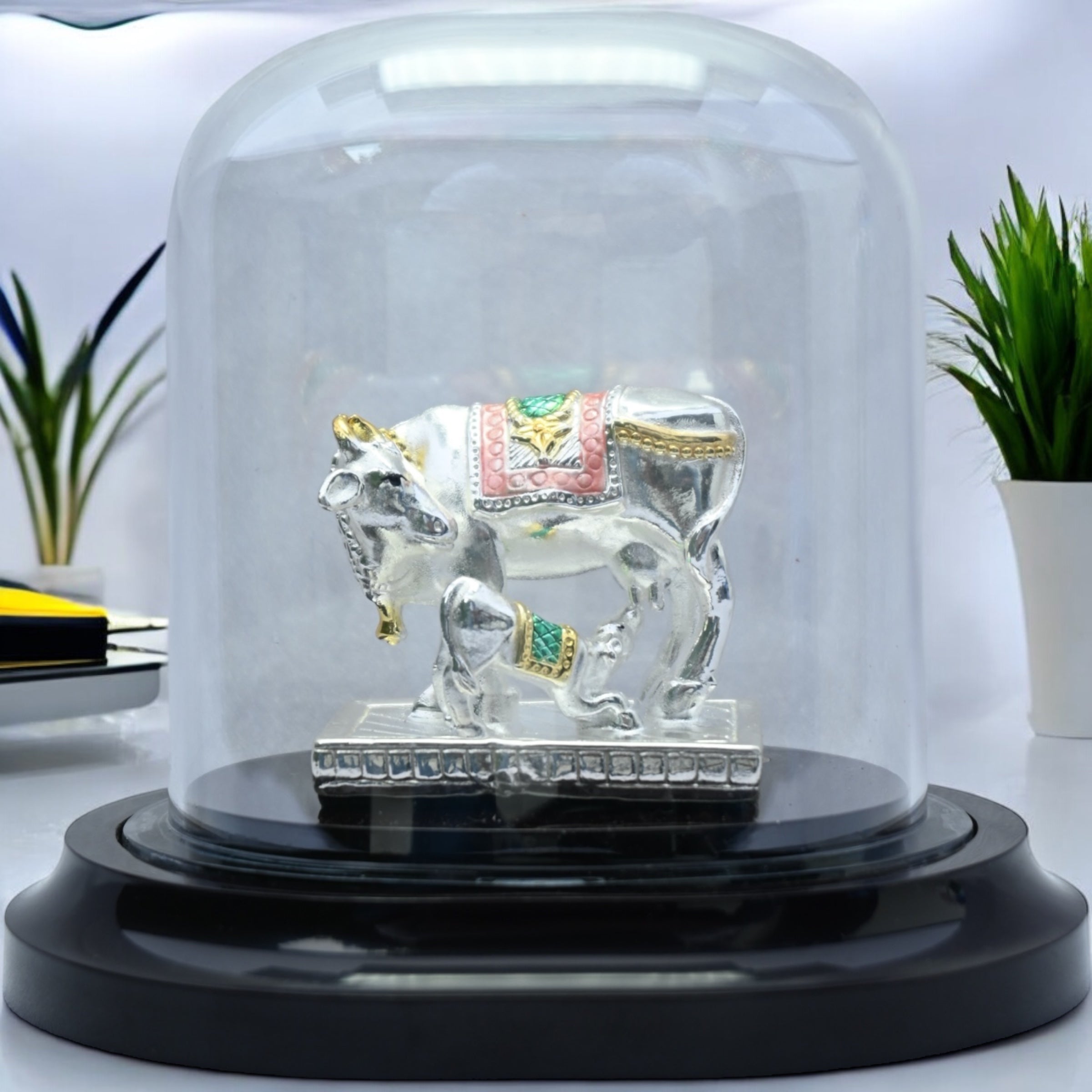 EMERALD PURE 999 SILVER VASTU KAMDHENU COW AND CALF IDOL WITH ACRYLIC BASE FOR POOJA/ GIFT