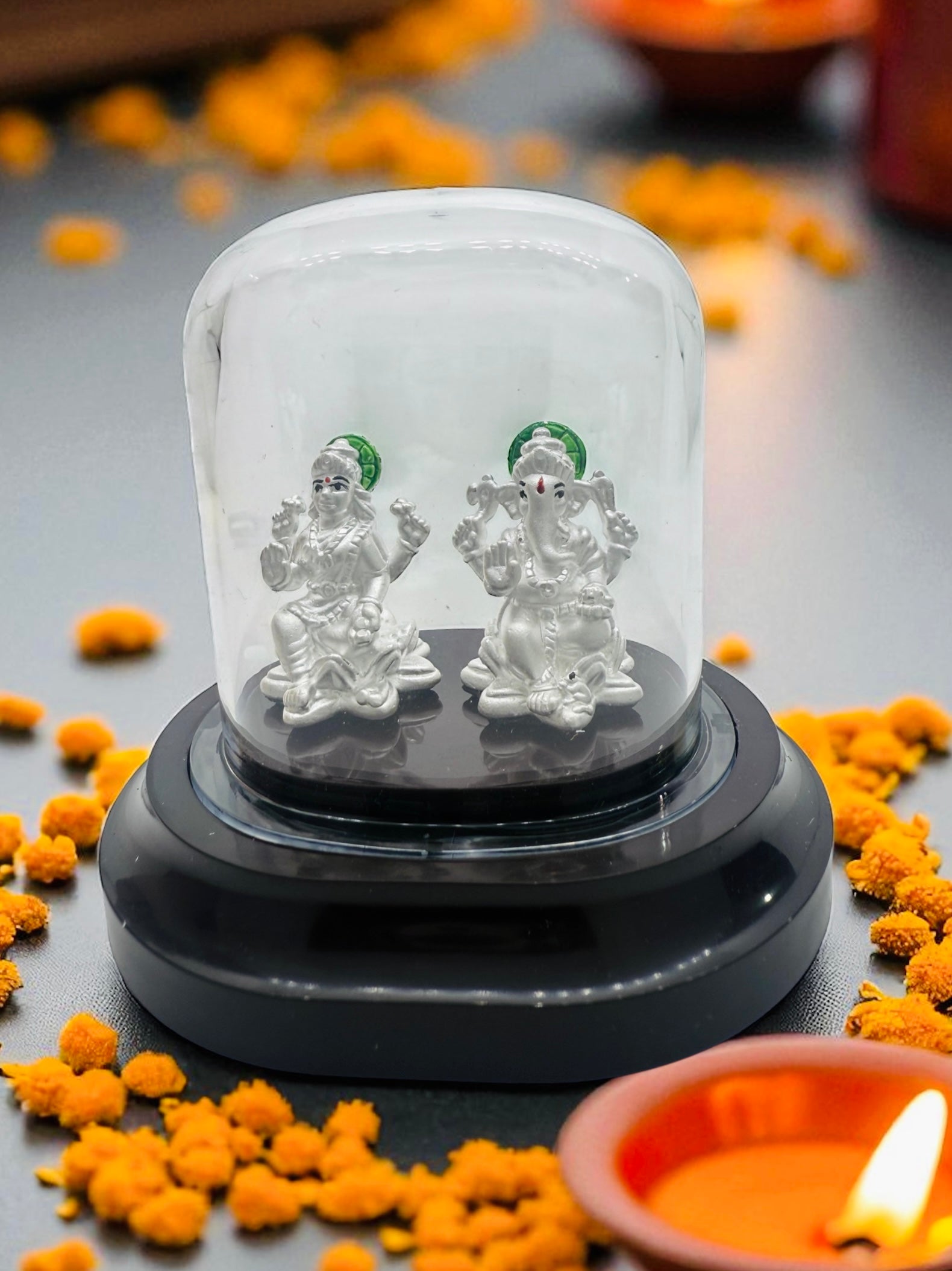 Emerald Pure 999 Silver Lakshmi Ganesh Idol with Acrylic Base For Pooja / Gift