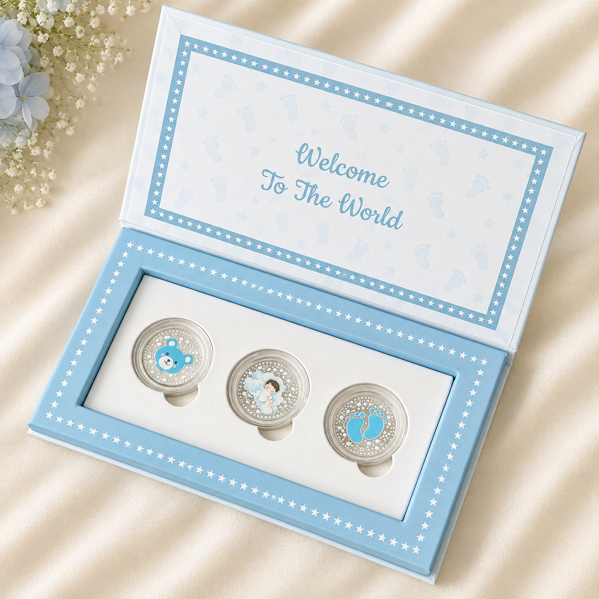 999 Pure Silver Baby Boy Welcome Gift Box (3 Coins x 1gm Each)