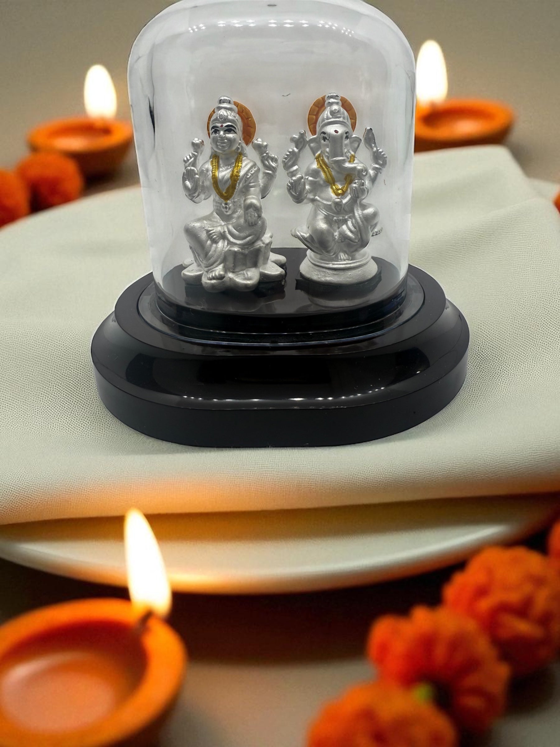Emerald Pure 999 Silver Lakshmi Ganesh Idol with Acrylic Base For Pooja/Gift