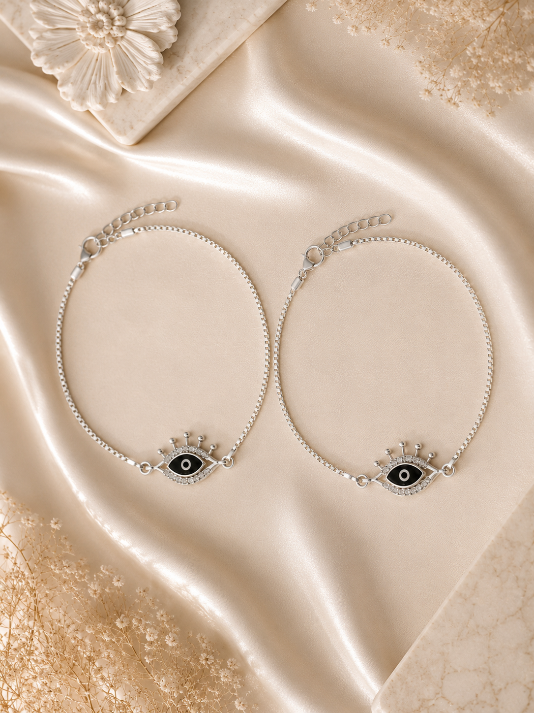 925 Sterling Silver Evil Eye Anklets | Pair