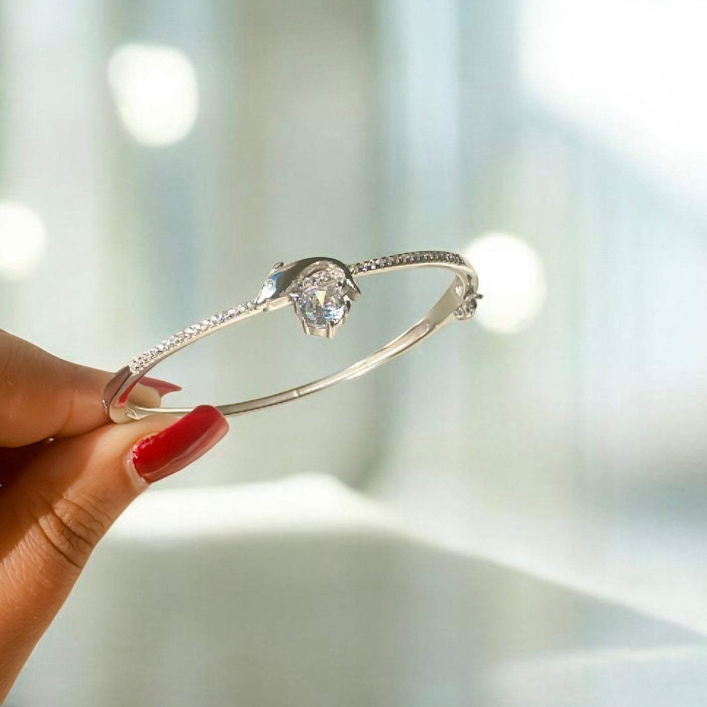 Classy Everyday Wear Dolphin Drift Bracelet with CZ Diamonds | 925 Sterling Silver Bangle Bracelet