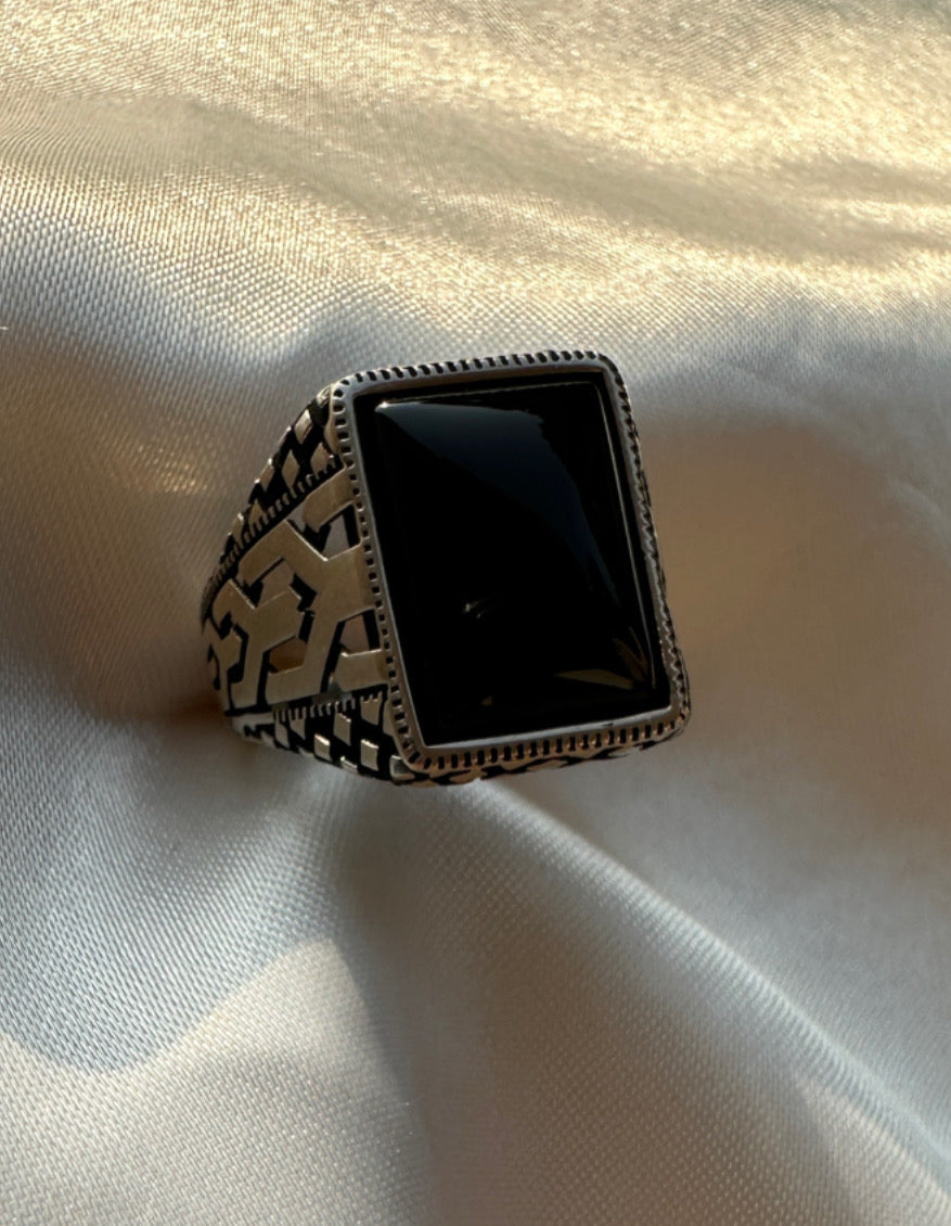 925 Oxidised Silver Ring for Men | Rectangular Black Stone