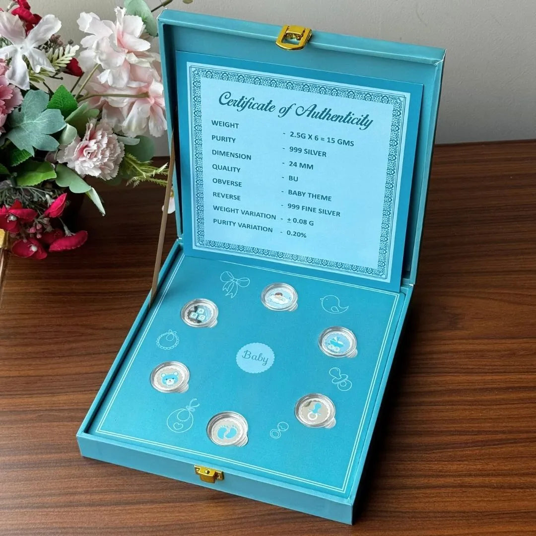 Hello Little One Baby Boy Box 15 gram 6 silver coins (2.5 gram Each) - 999 PURE SILVER |                                                New Born Baby Coin, Return Gifts For Baby Shower, Silver Coin For Gift | For Kids 999 Purity Silver Coins