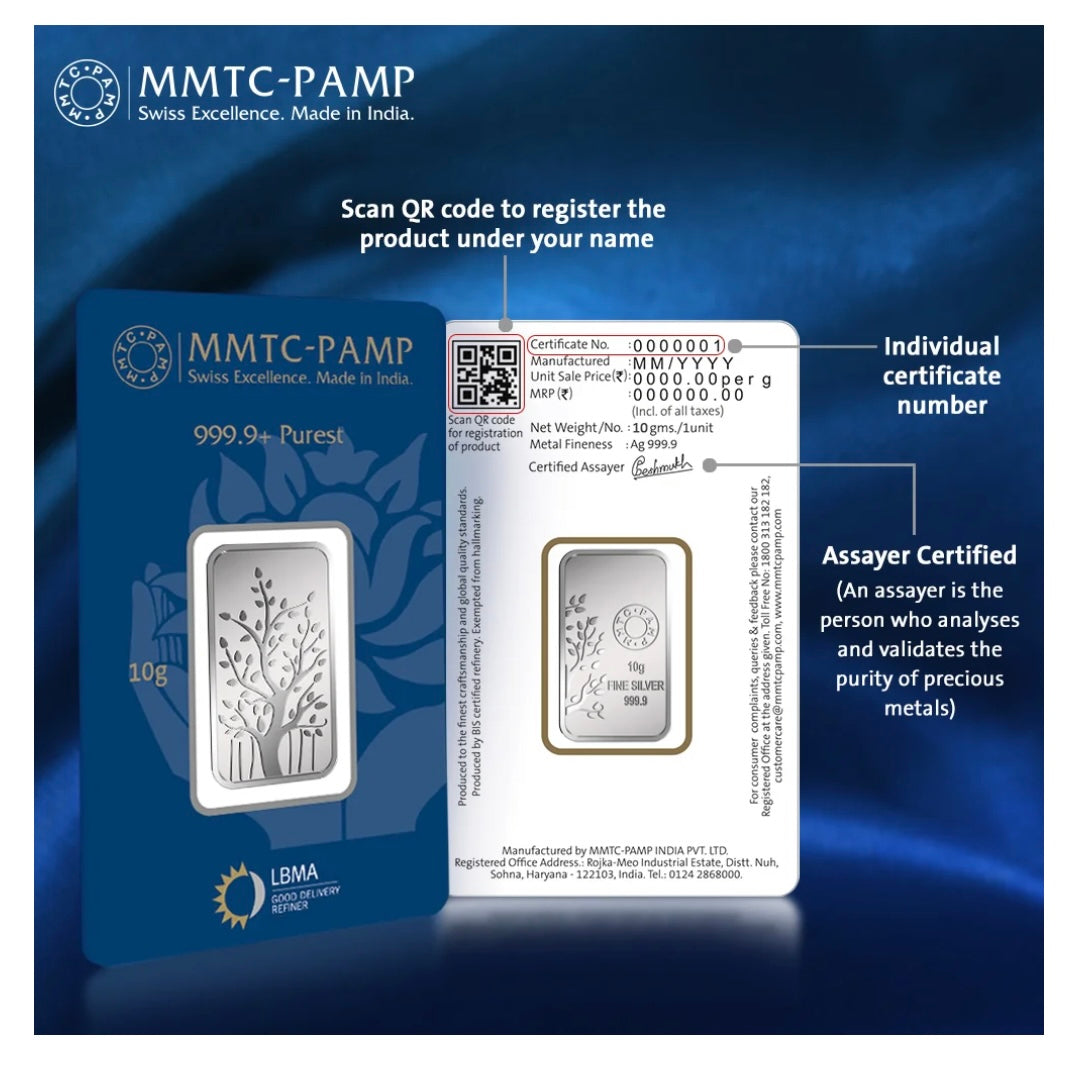 MMTC PAMP 10 GMS BANYAN TREE 999.9 SILVER BAR IN MINTED CARD (10.00gm) | Festive Coins & Bars