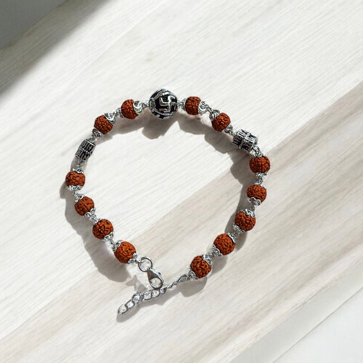 Rudraksha Silver Bracelet with Om Damru Single Line Men’s Bracelet