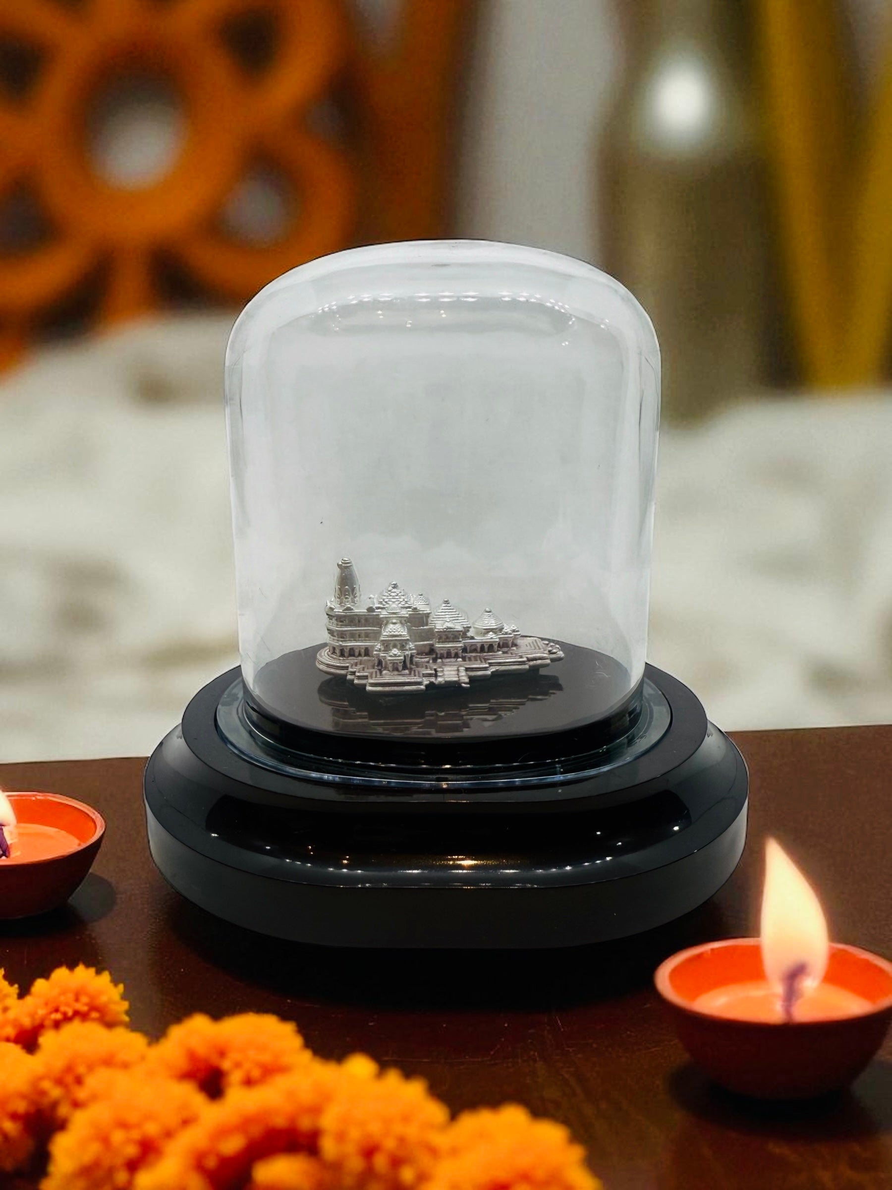 EMERALD PURE 999 SILVER AYODHYA RAM MANDIR/ TEMPLE IDOL WITH ACRYLIC BASE FOR POOJA/GIFT