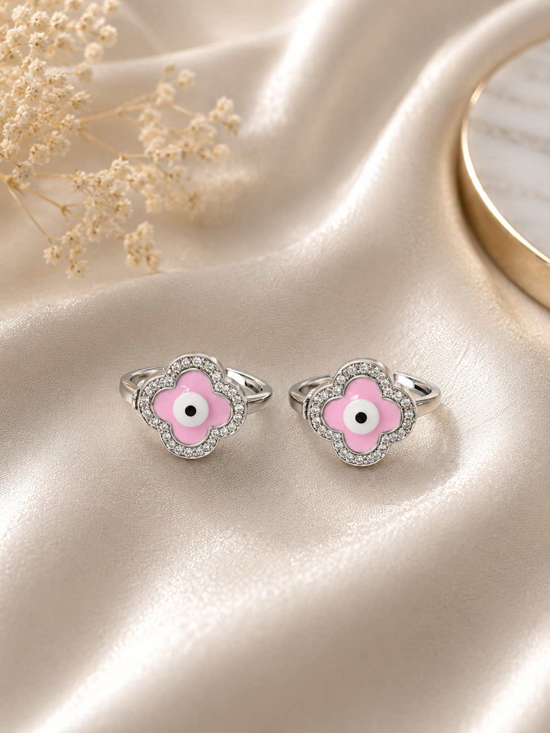 925 Sterling Silver Pink Clover Toe Rings (2 rings) | Free Size