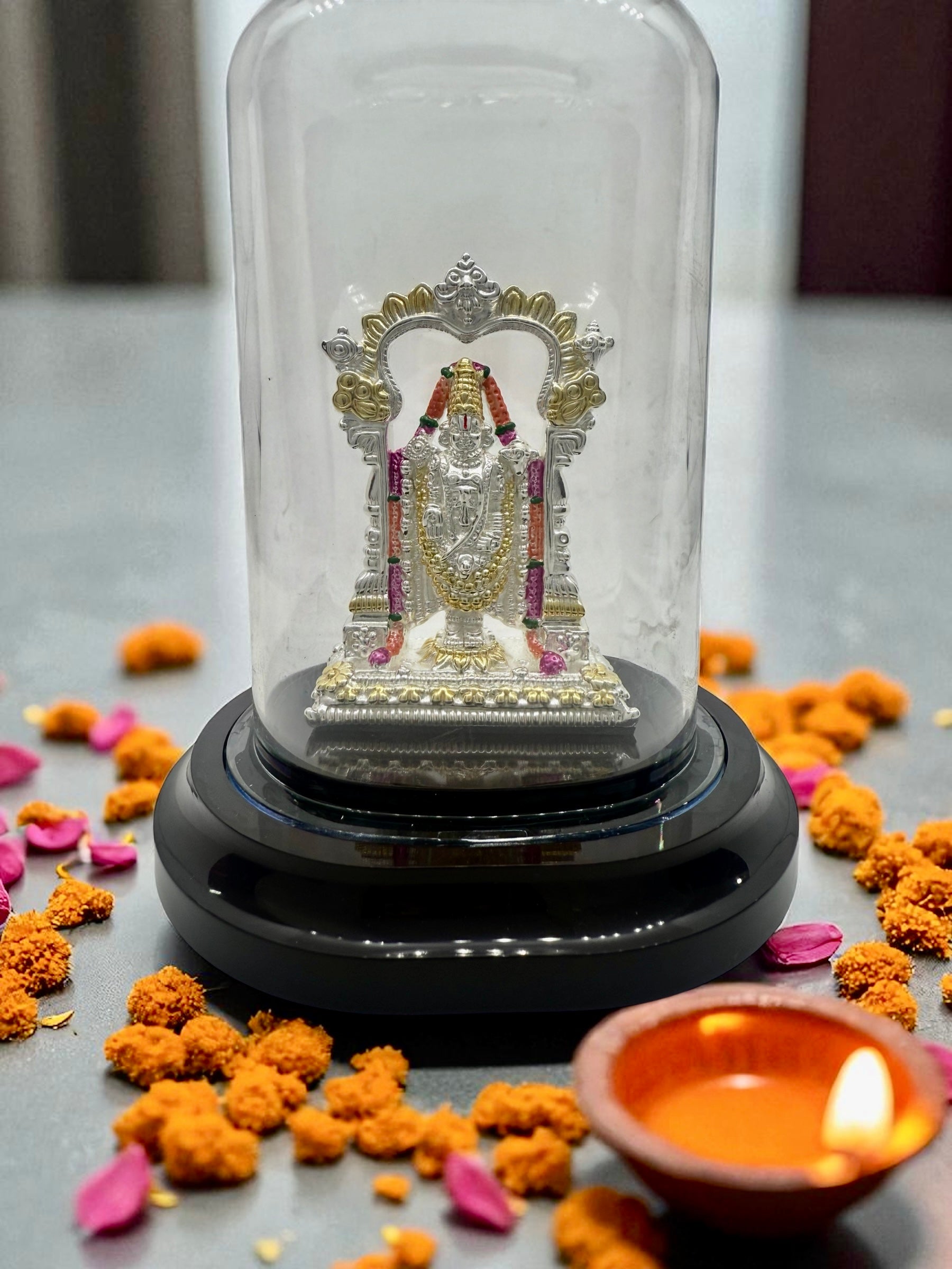 Emerald Pure 999 Silver Tirupati Balaji Idol with Acrylic Base For Pooja/ Gift