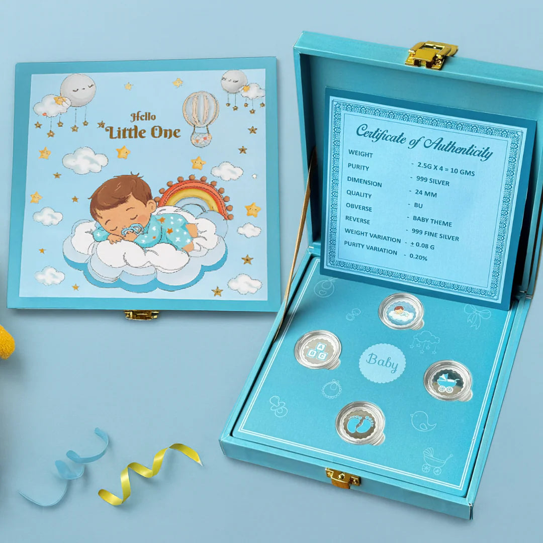 Hello Little One Baby Boy 10 Gram Silver Coin Box (4 Coins) - 999 Purity Silver Coins.                                                              New Born Baby Coin, Return Gifts For Baby Shower, Silver Coin For Gift | For Kids 999 Purity Silver Coins