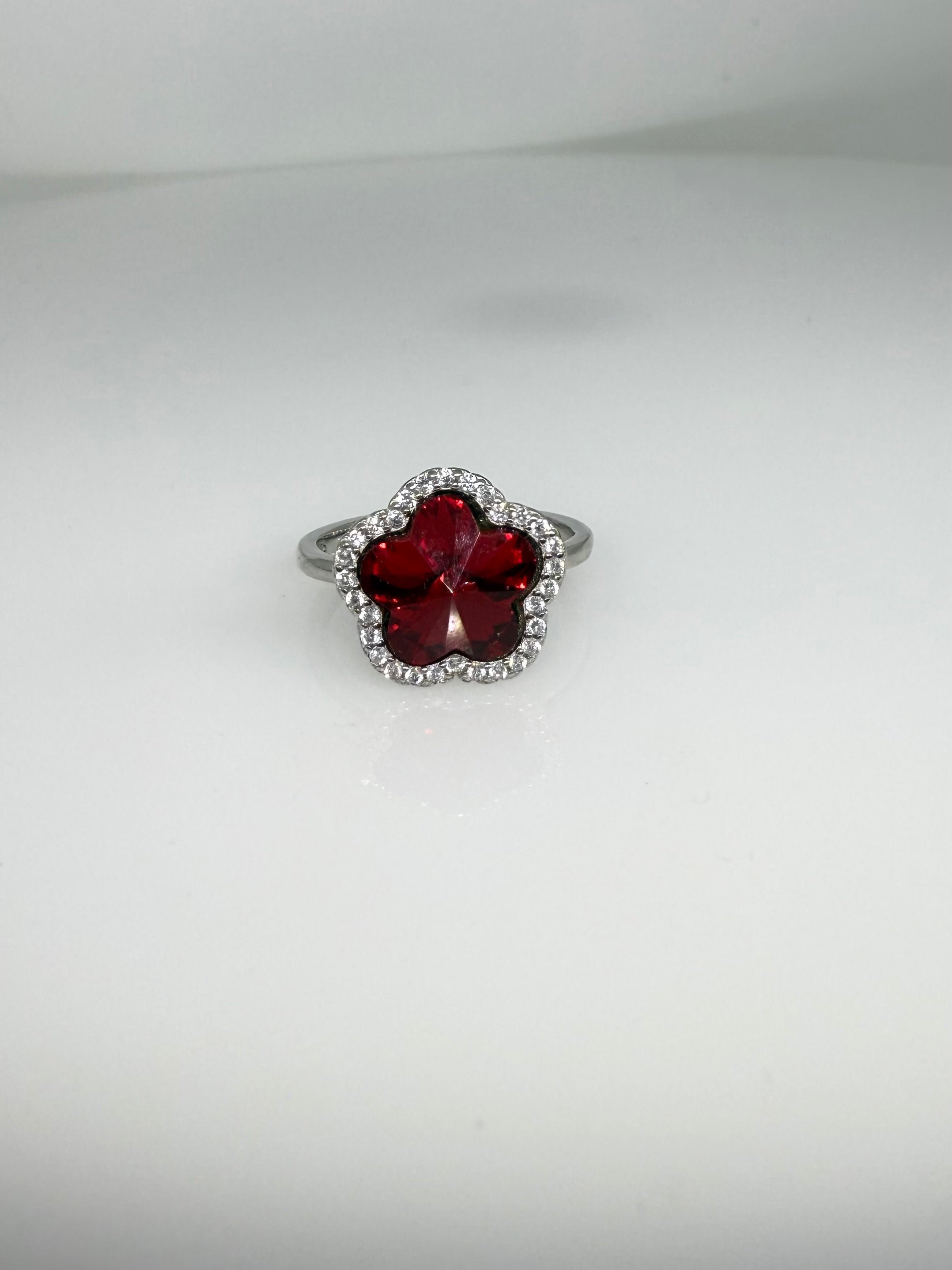 925 Sterling Silver Ruby Flower Women Ring
