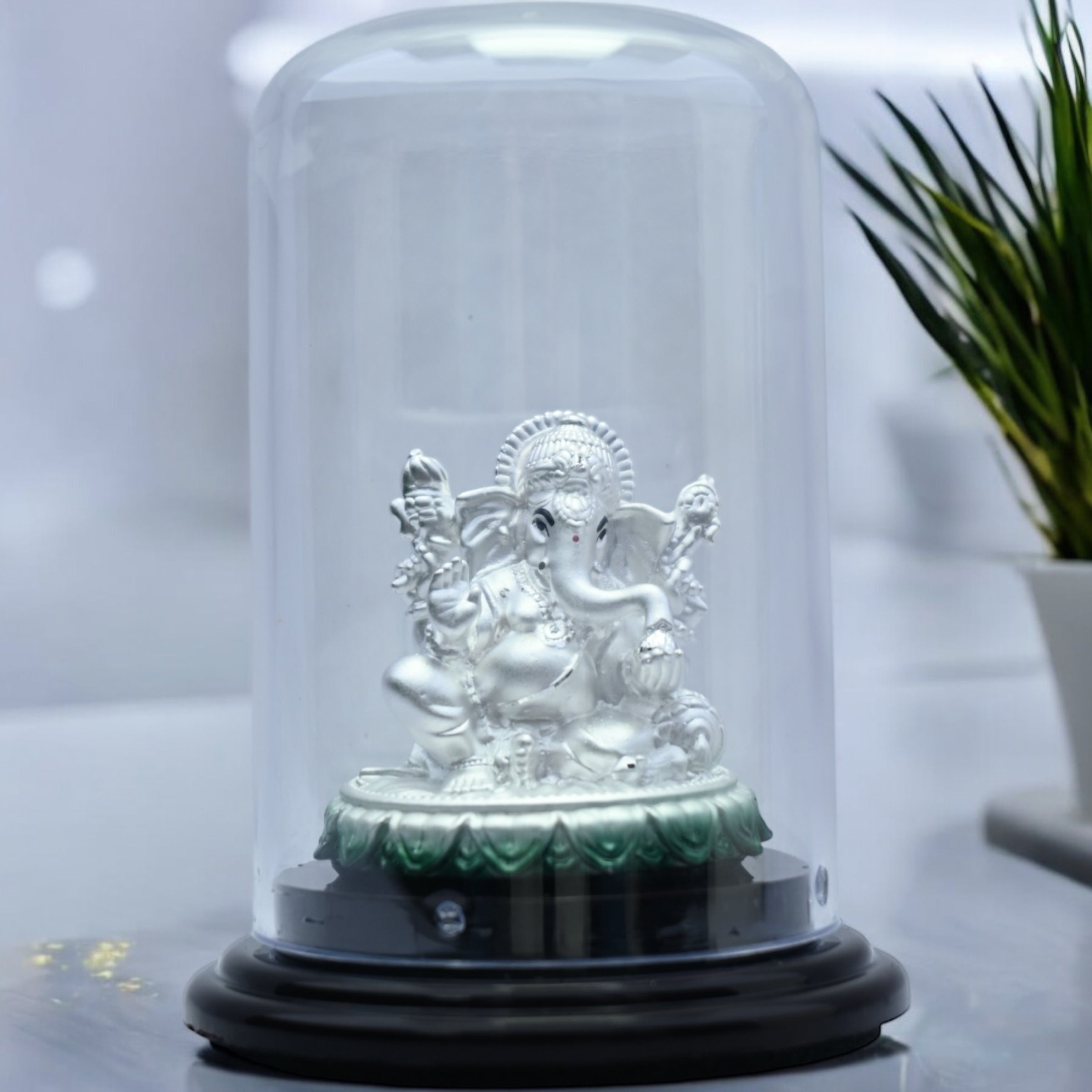 EMERALD PURE 999 SILVER GANESHA IDOL WITH ACRYLIC BASE FOR POOJA / GIFT