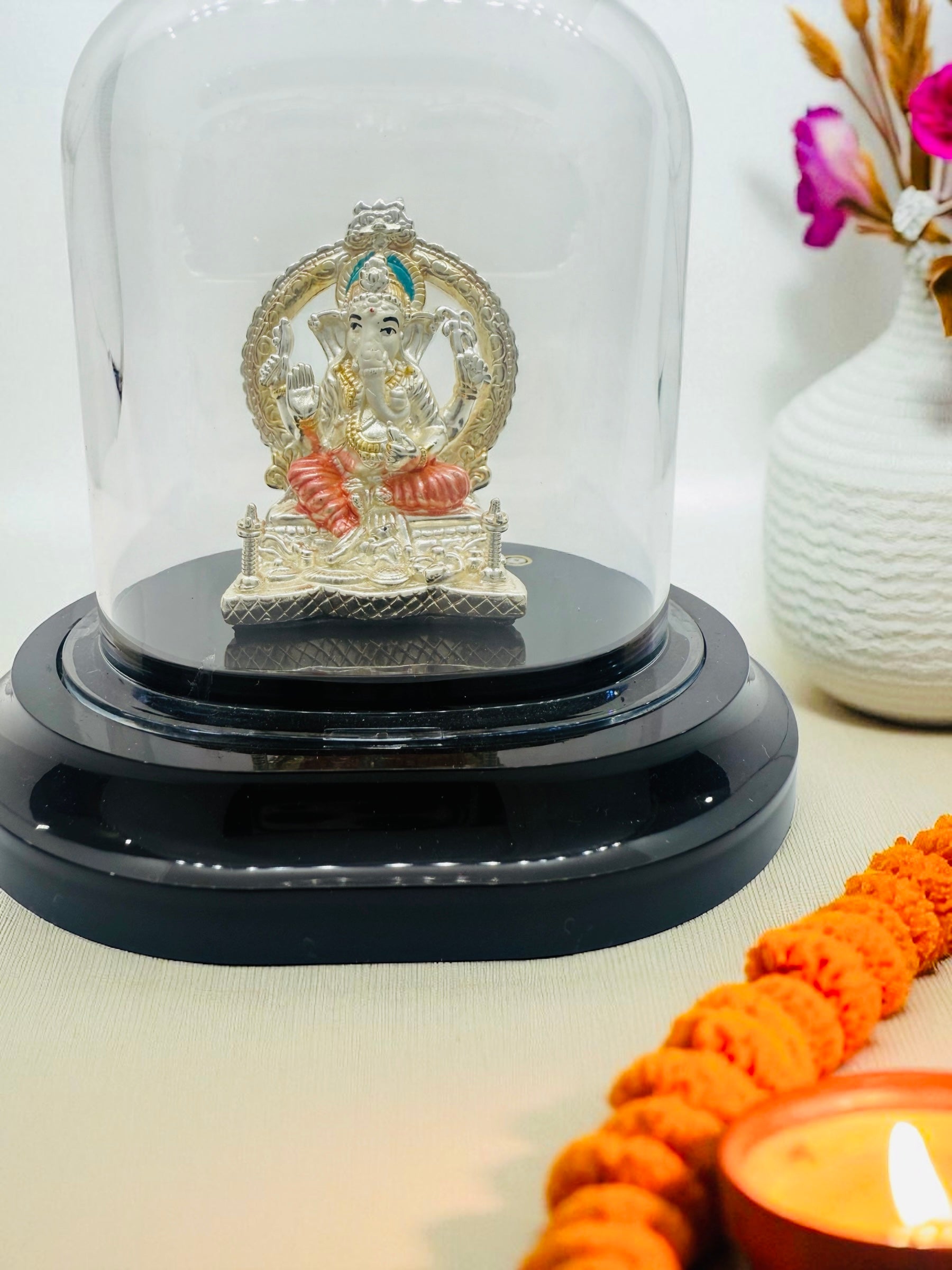 EMERALD 999 PURE SILVER LORD GANESHA IDOL WITH ACRYLIC BASE FOR POOJA/ GIFT