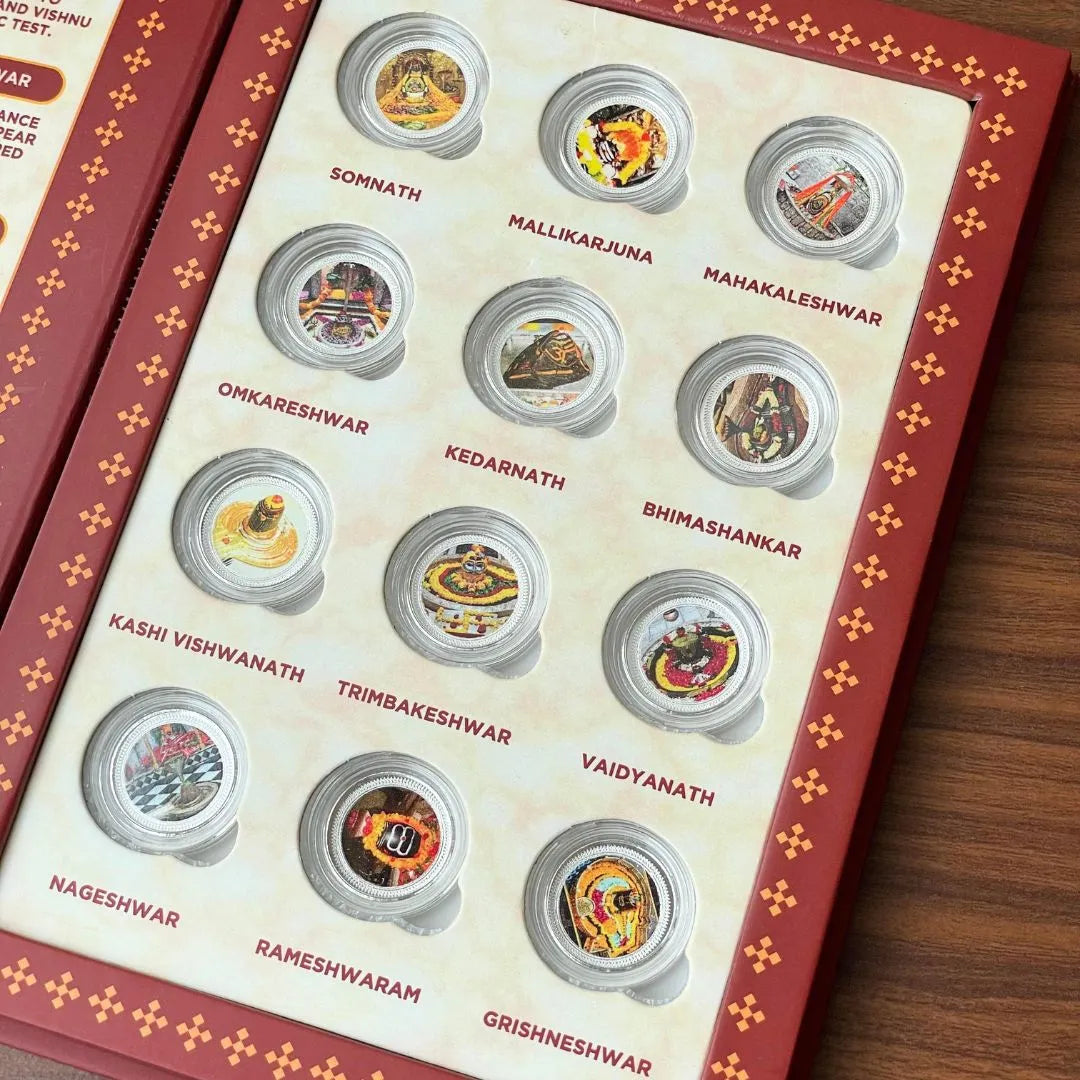Sacred 12 Shiva Jyotirling Collector’s Edition (999 Pure Silver Coins) |             (1 gm x 12 coins) | Festive Coin Gifting