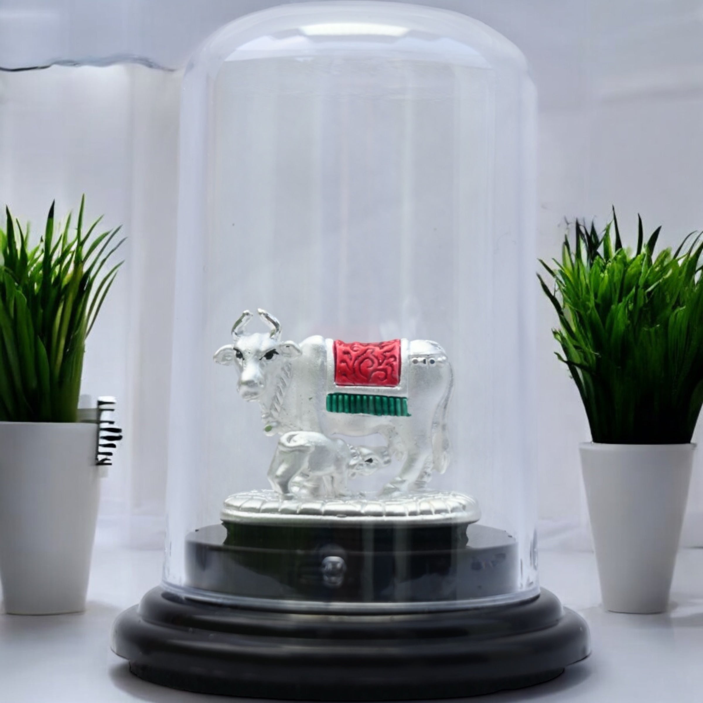 EMERALD PURE 999 SILVER VASTU KAMDHENU COW AND CALF IDOL WITH ACRYLIC BASE FOR POOJA/ GIFT