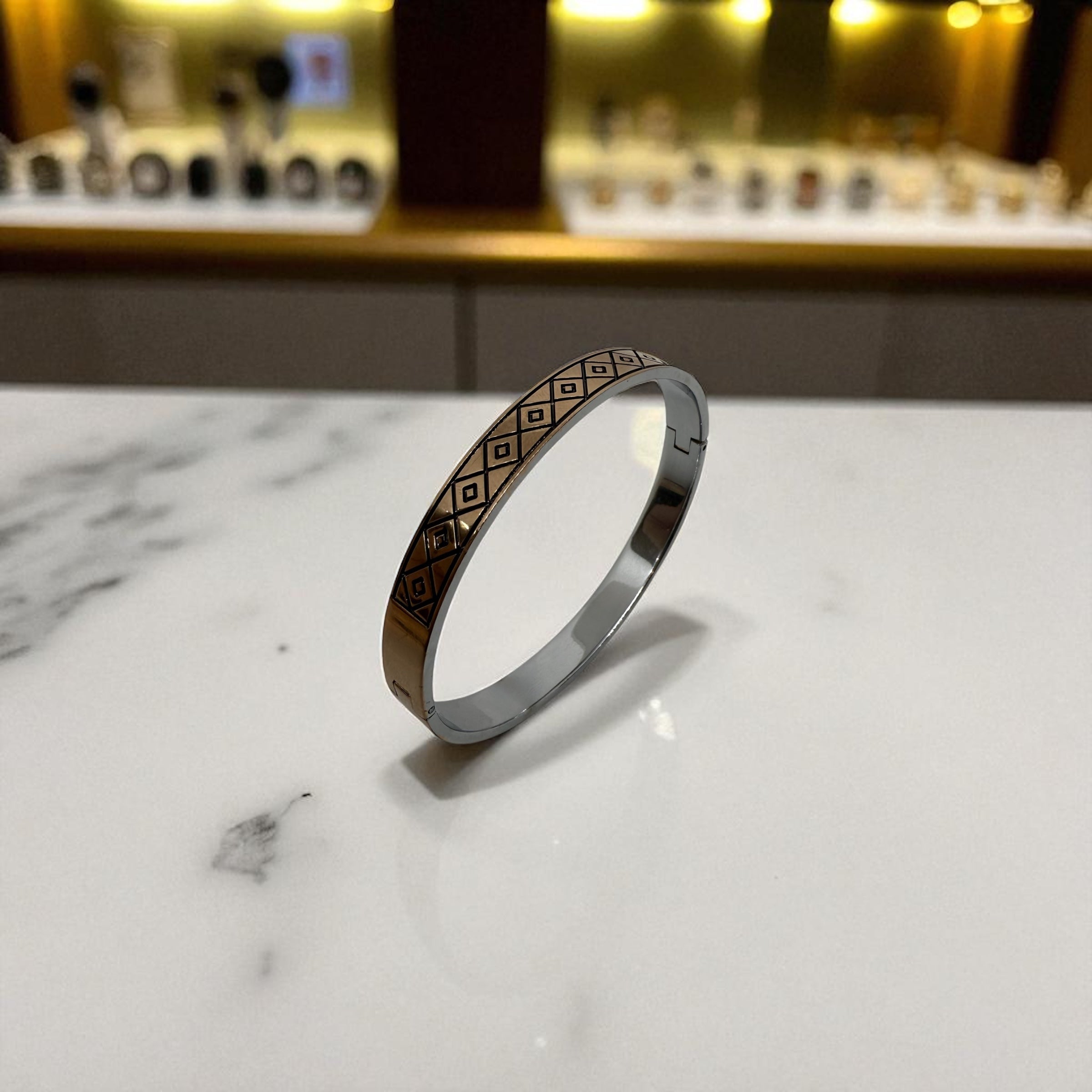 925 Sterling Silver Geometric Openable Kada Bangle | Rose Gold Polish | Unisex Bangle | Men’s Kada