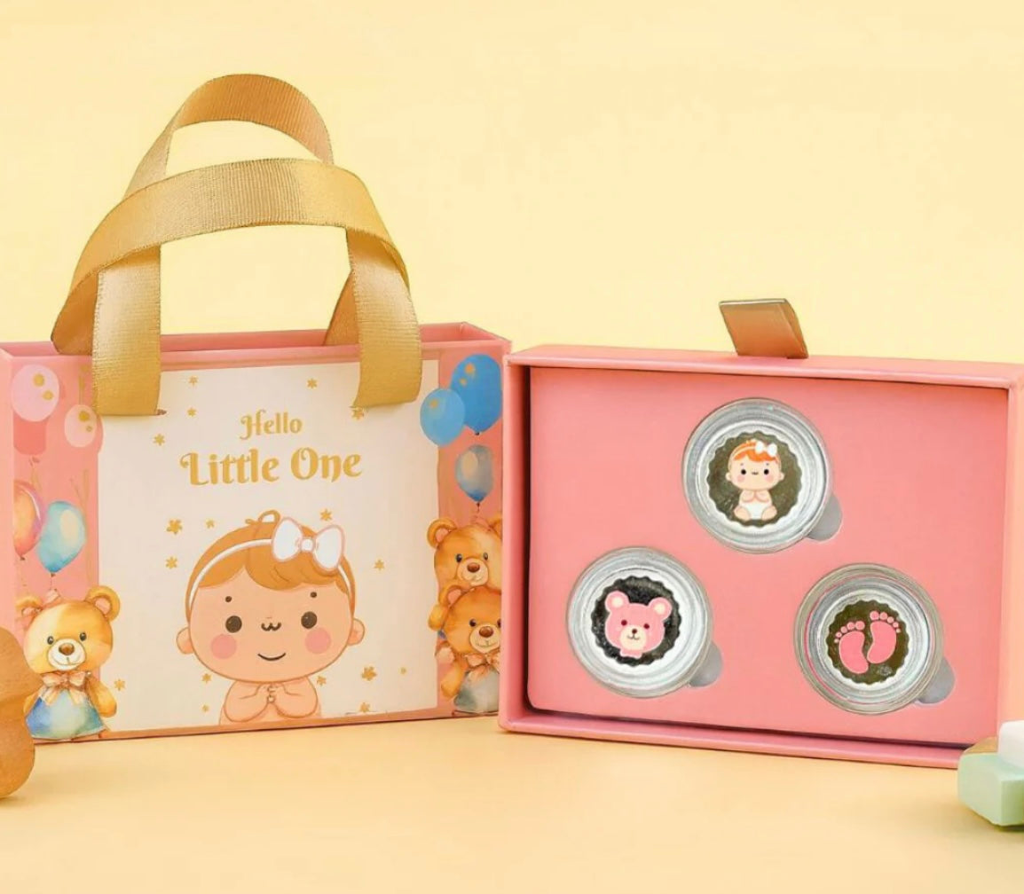 Baby Girl Silver Coin Gift Set | Hello little one Celebration Box -(3 Silver Coins - 2.5gm Each)