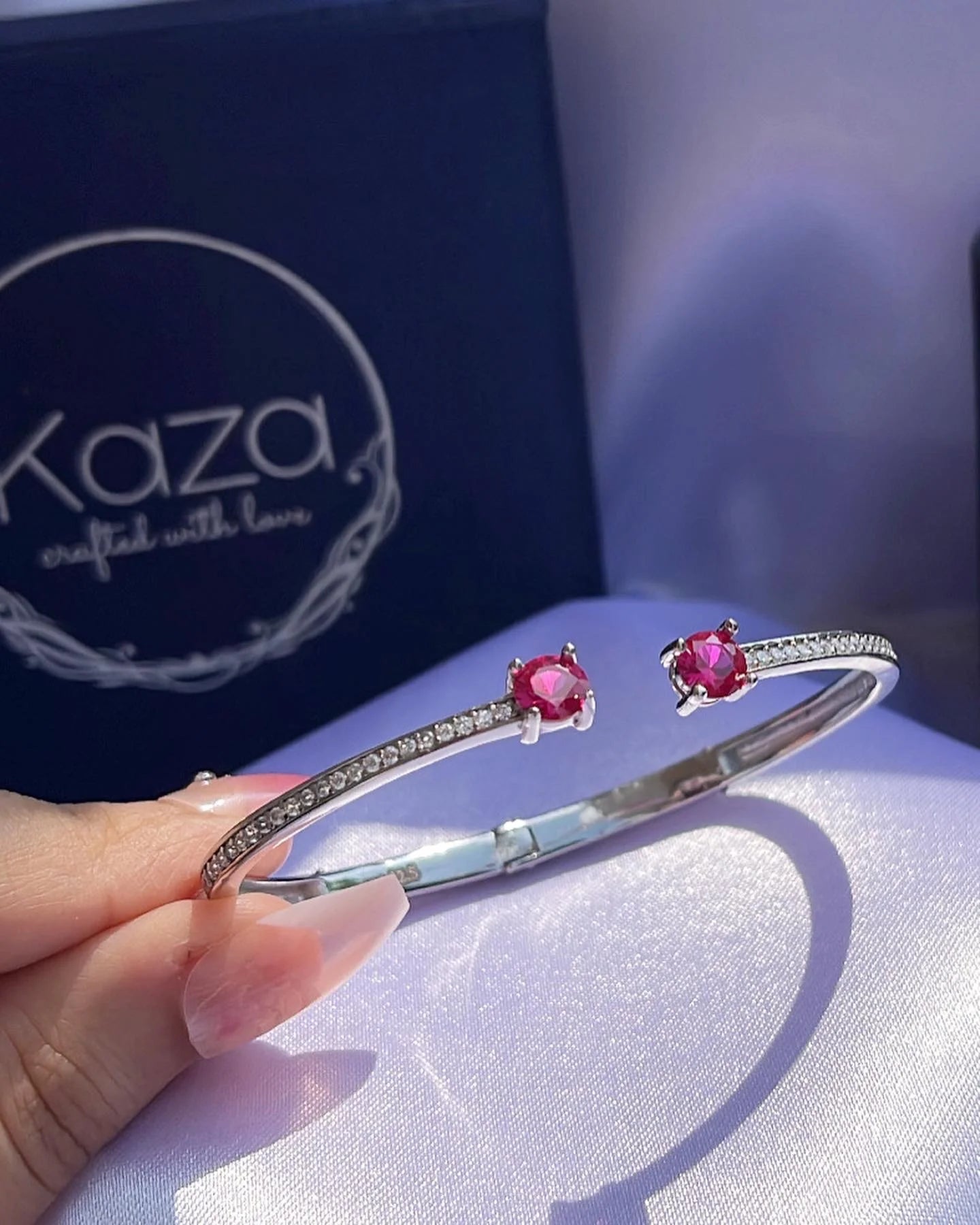 Classy Everyday Wear Flexible Bracelet with Pink Gem & CZ Diamonds | 925 Sterling Silver Bracelets | Fits All Sizes