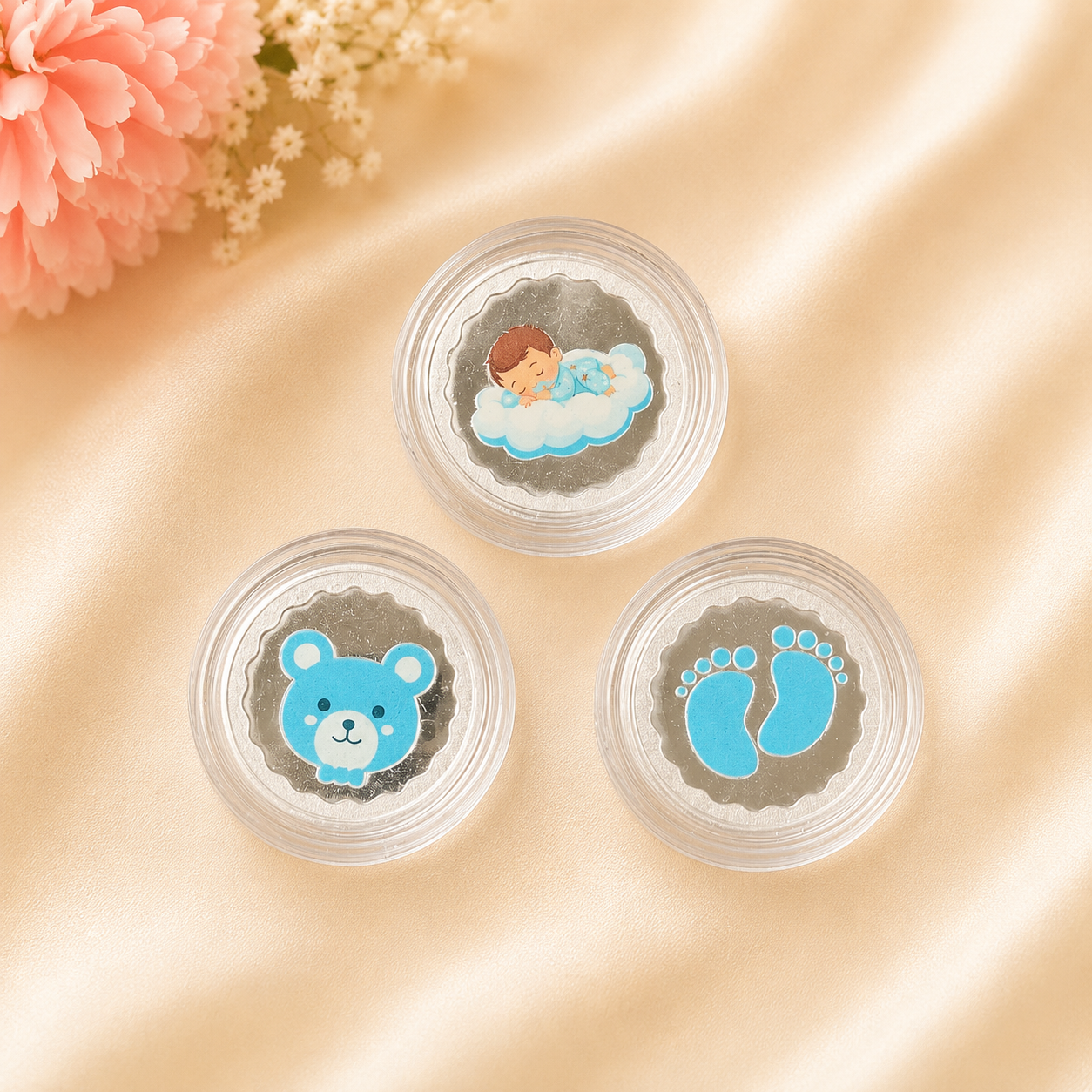 999 Pure Silver Baby Boy Premium Gift Box – Set of 3 Coins (2.5 g x 3= 7.5 grams)
