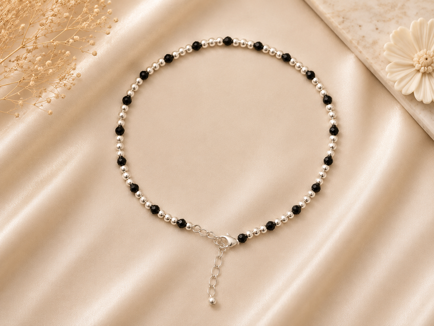 925 Sterling Silver Black Beads Nazariya Anklet | Single