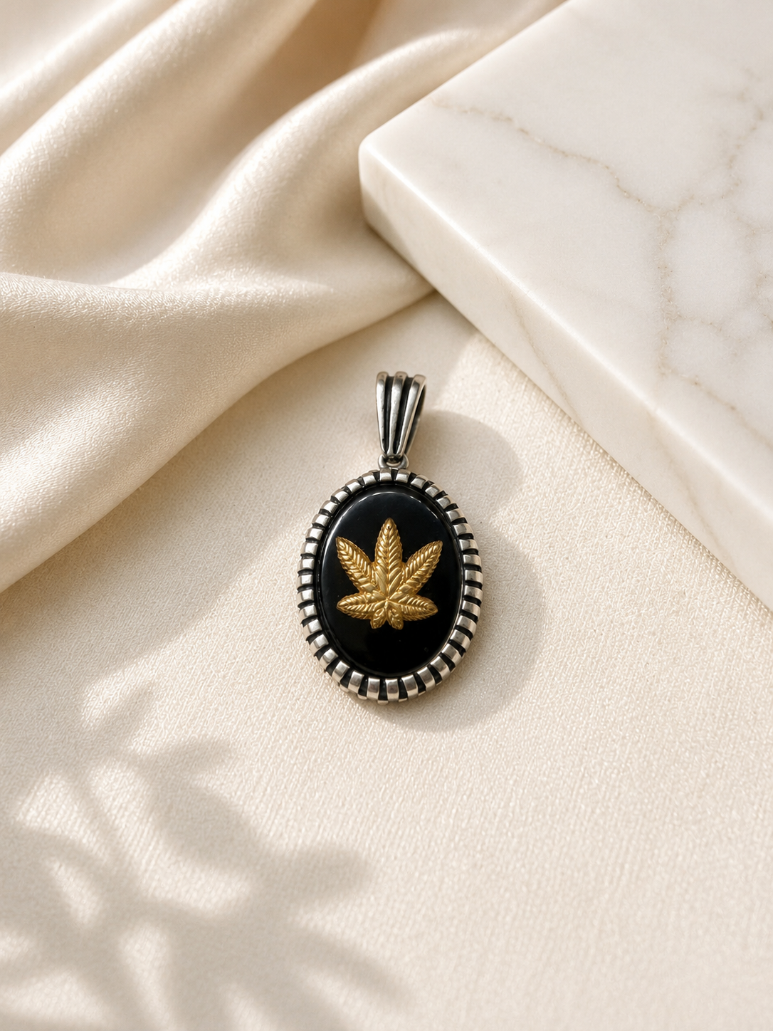 925 Sterling Silver Gold Leaf Onyx Men’s Pendant