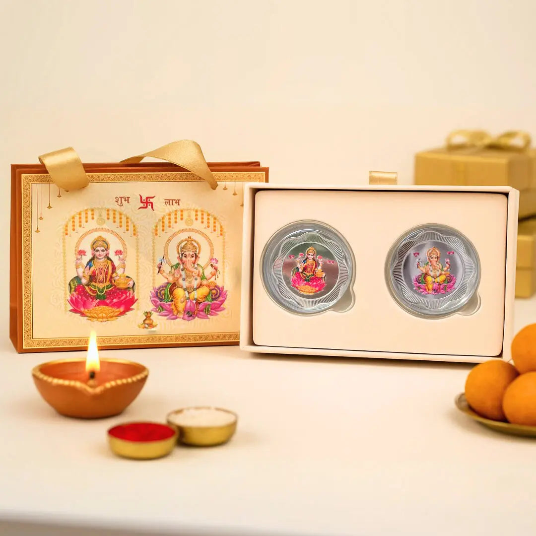 999 SILVER LAKSHMI GANESH JI 10 GMS CELEBRATION BOX | 2 COINS (5 GM EACH ) | 999 PURITY SILVER COIN | FESTIVE COIN GIFTING