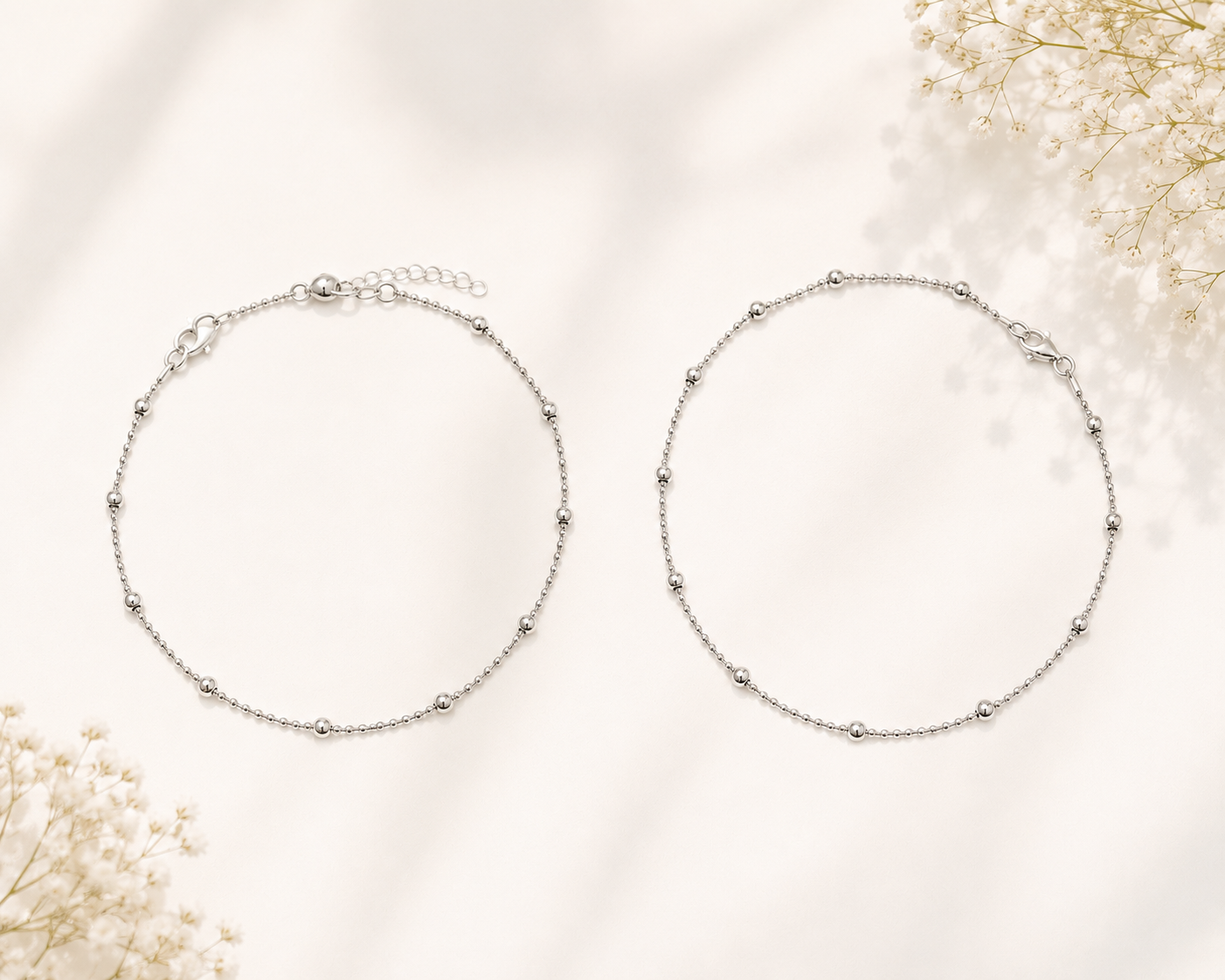 925 Sterling Silver Satellite Bead Anklets | Pair