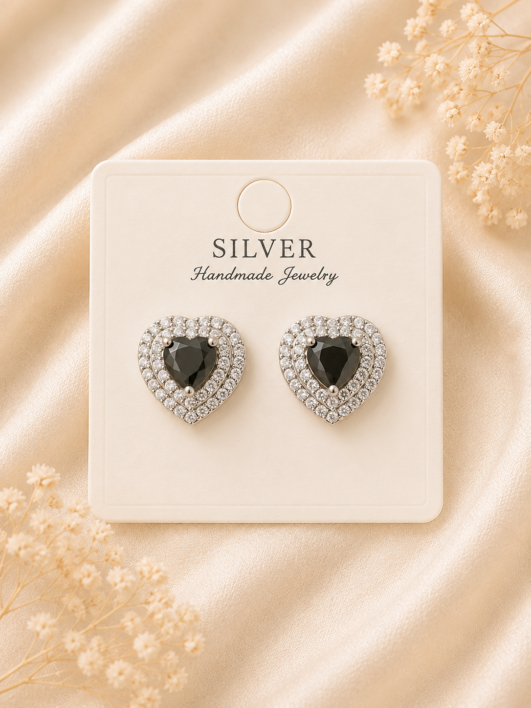 925 Sterling Silver Black Heart Earrings