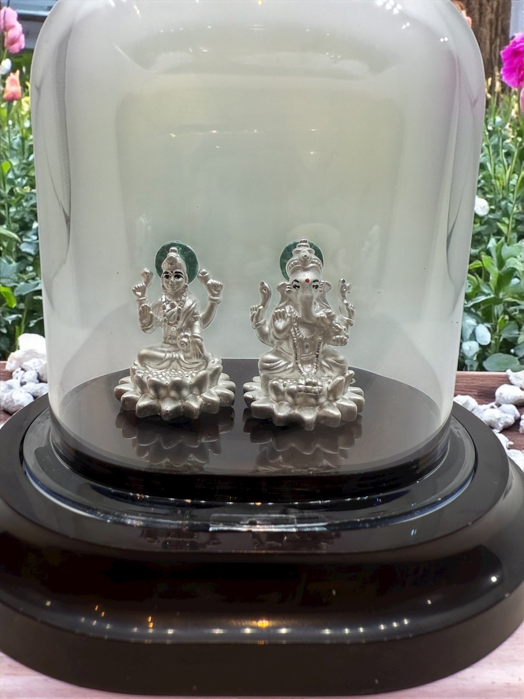 Emerald Pure 999 Silver Lakshmi Ganesh Pair Idols with Acrylic Base for Pooja/Gift
