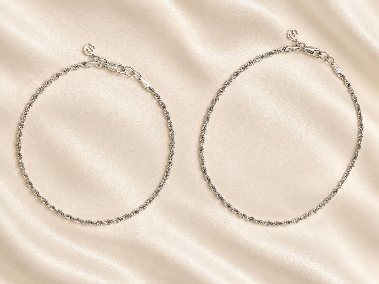 925 Sterling Silver Rope Anklets | Pair