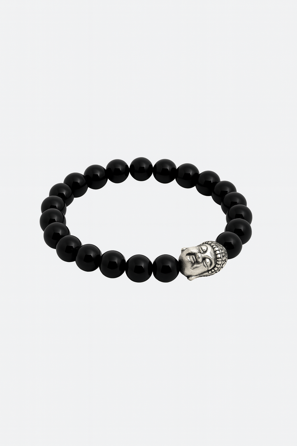 Black Beads Buddha Men’s Bracelet – Stretchable in 925 Sterling Silver