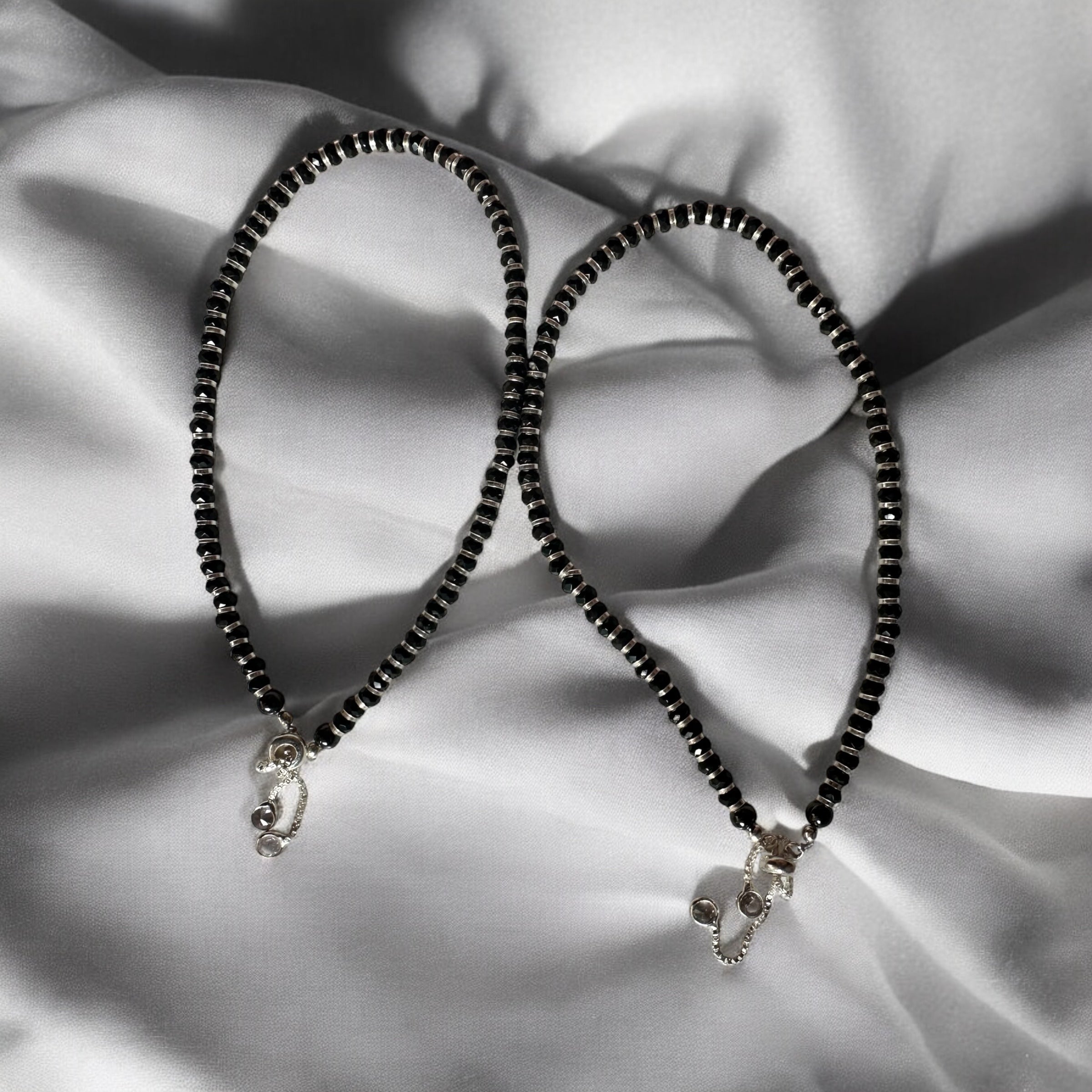 Black Beads Silver Anklets | Adjustable Style