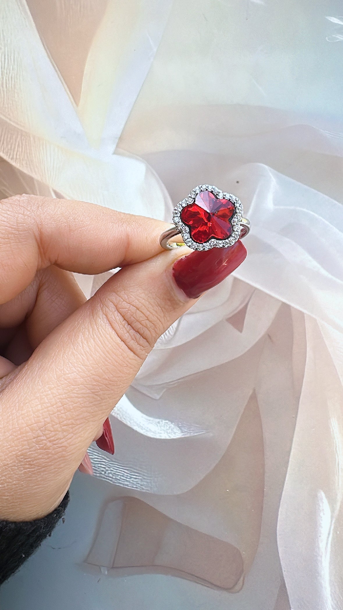 925 Sterling Silver Ruby Flower Women Ring