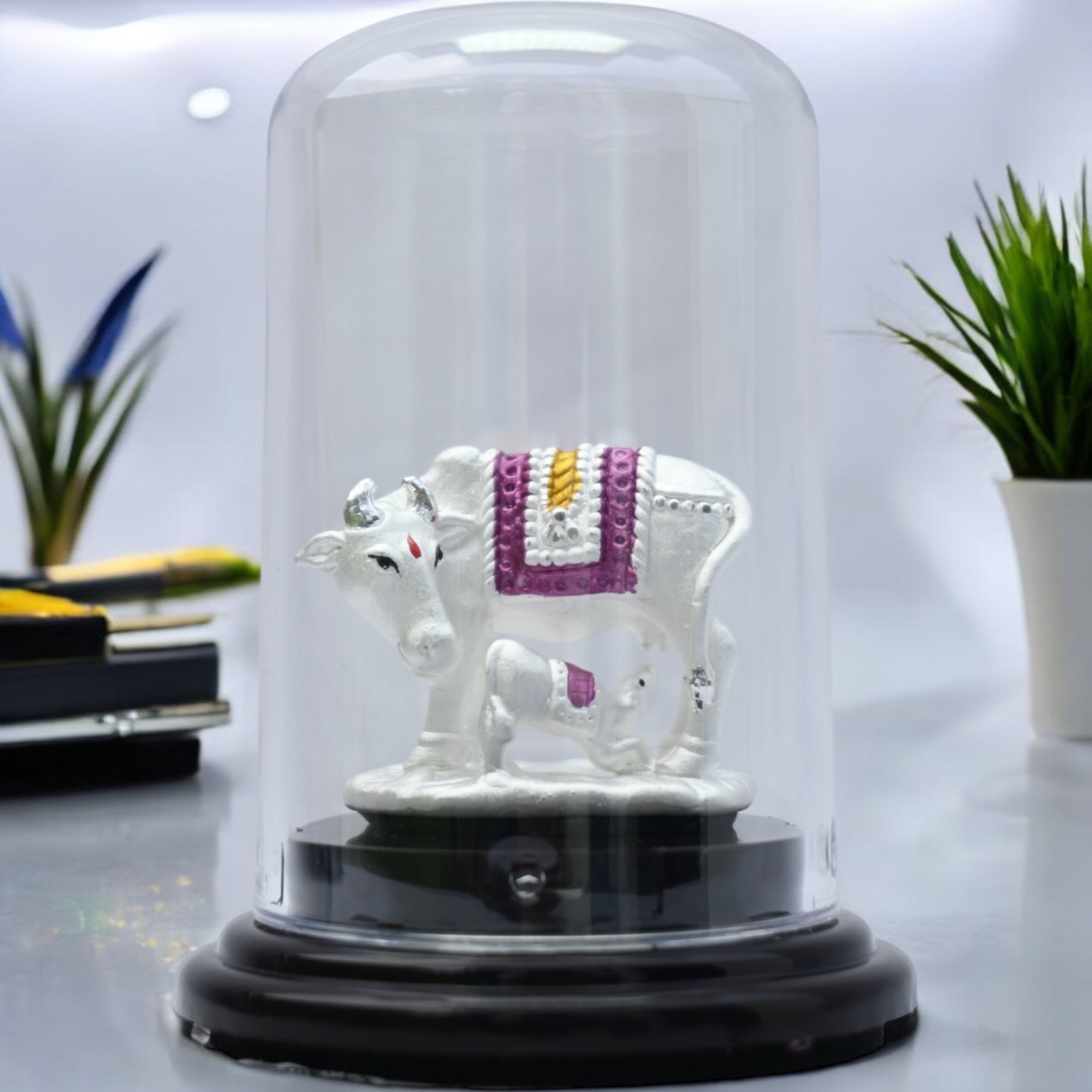 EMERALD PURE 999 SILVER VASTU KAMDHENU COW AND CALF IDOL WITH ACRYLIC BASE FOR POOJA/ GIFT