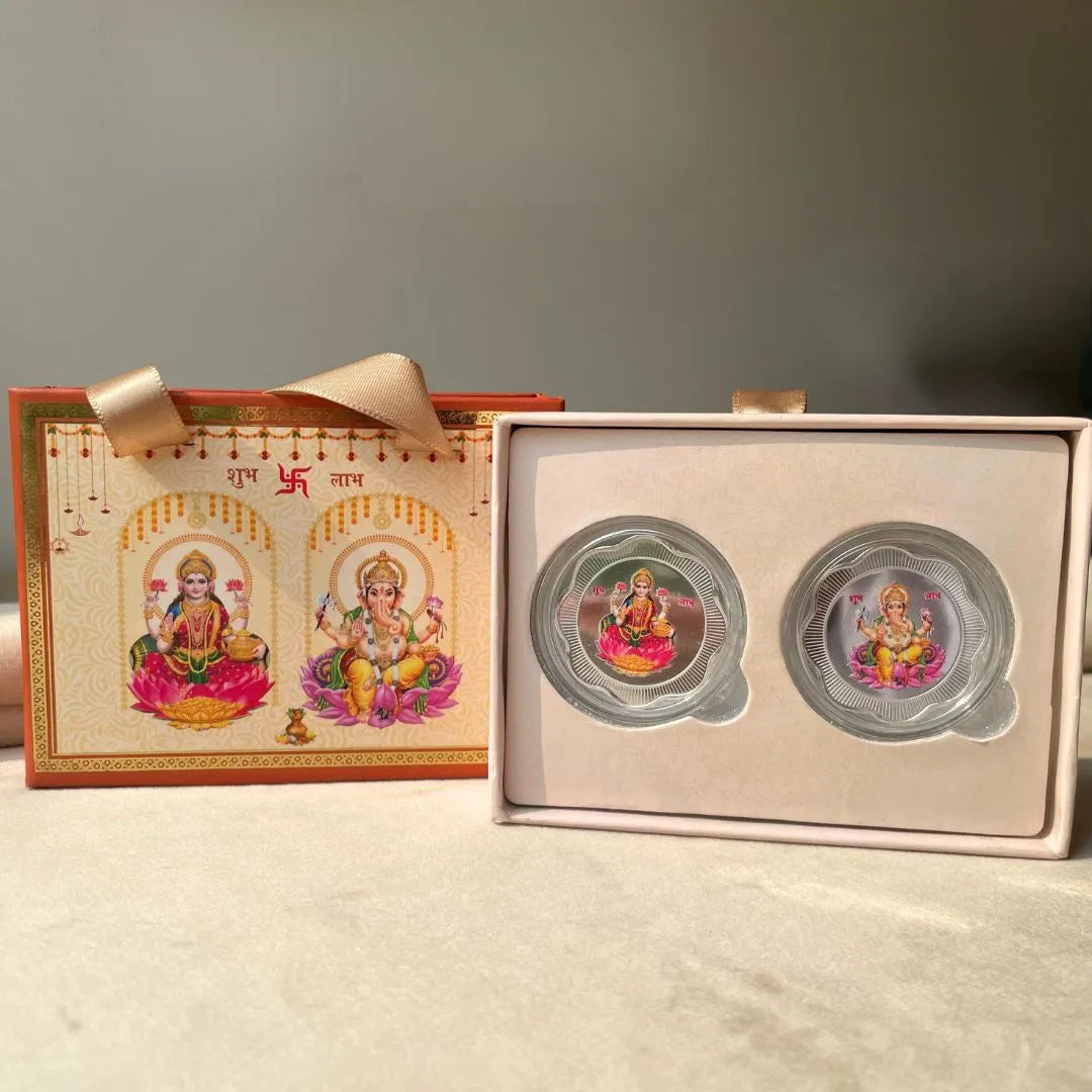 999 SILVER LAKSHMI GANESH JI 10 GMS CELEBRATION BOX | 2 COINS (5 GM EACH ) | 999 PURITY SILVER COIN | FESTIVE COIN GIFTING