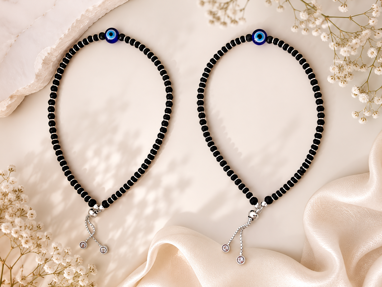 925 Sterling Silver Evil Eye Black Beads Nazariya Adjustable Anklet | Single