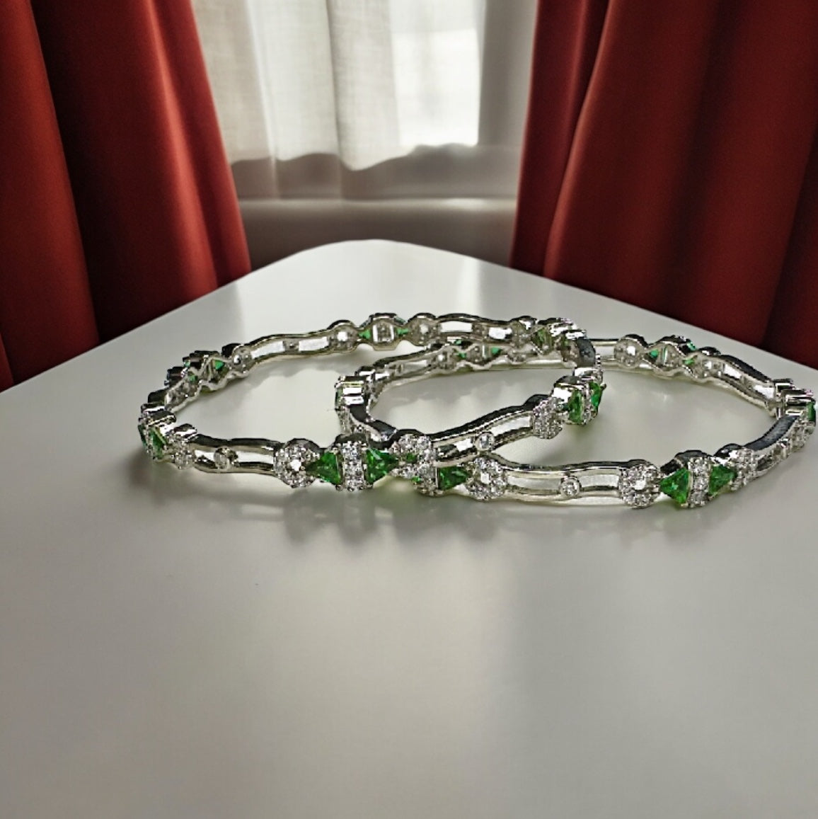 925 Sterling Silver Bangles Green Stones with AD/CZ Diamonds | Party wear Jewellery