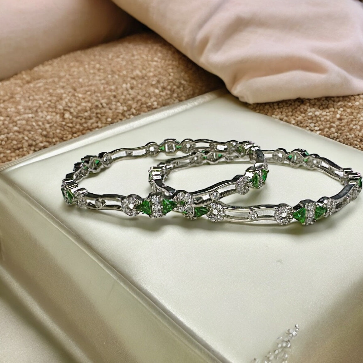 925 Sterling Silver Bangles Green Stones with AD/CZ Diamonds | Party wear Jewellery